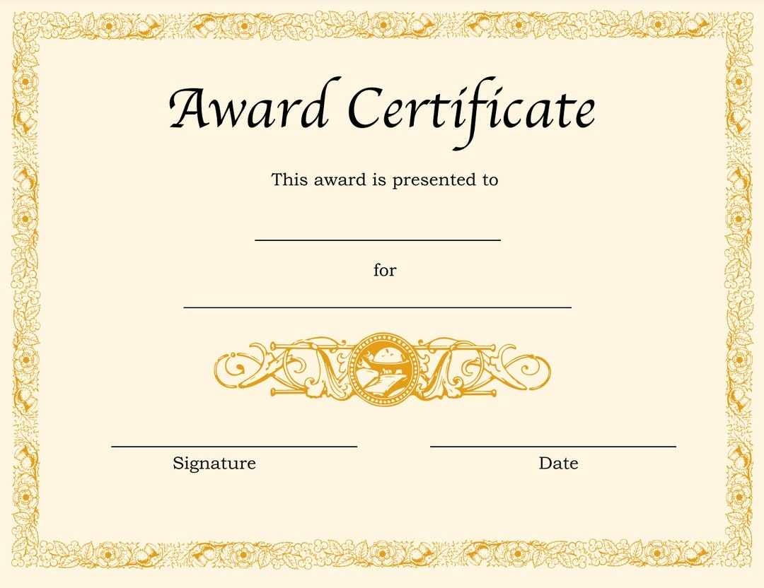 Blank Award Certificate Etsy