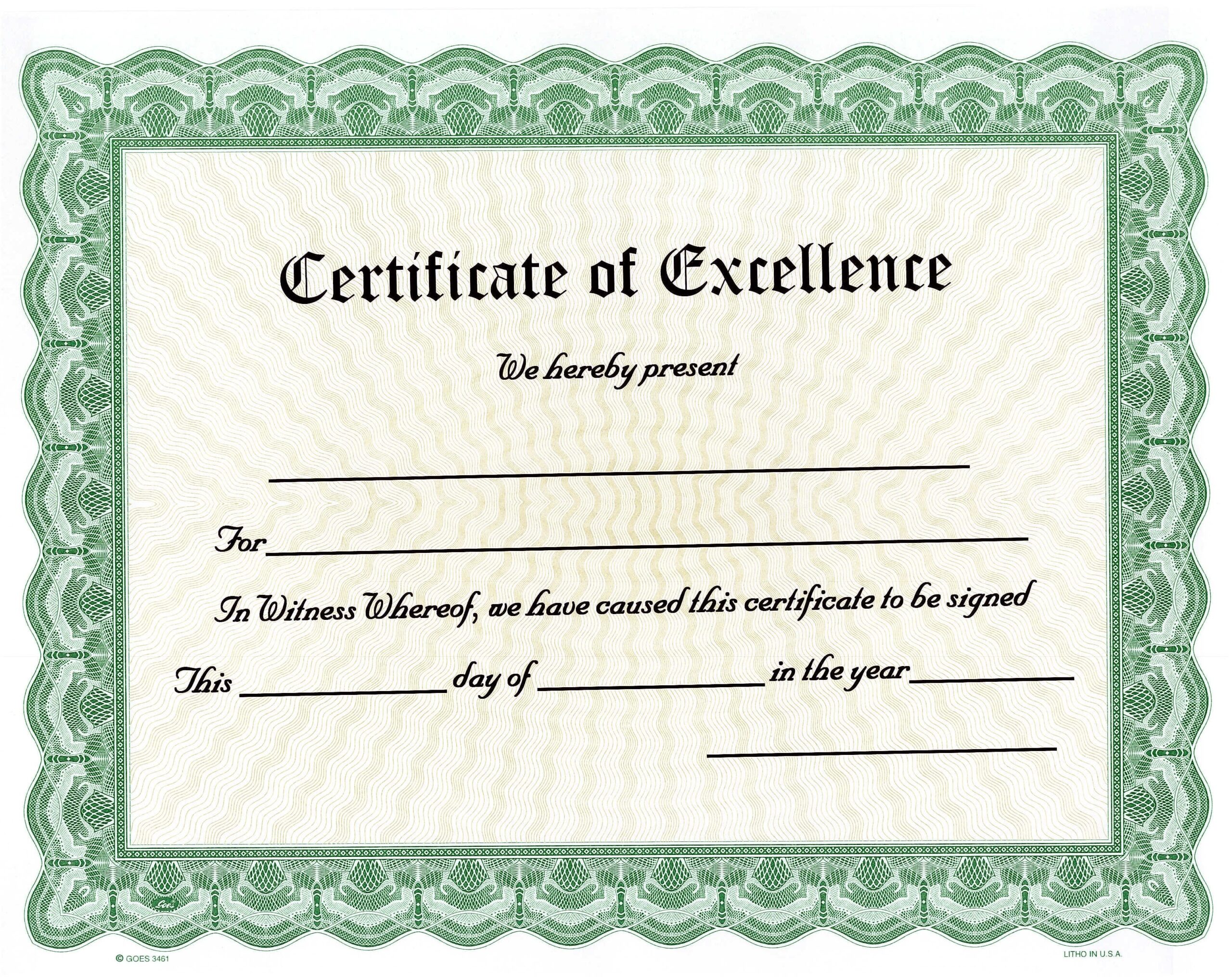 Blank Excellence Certificate Award Goes 3461 Green Border