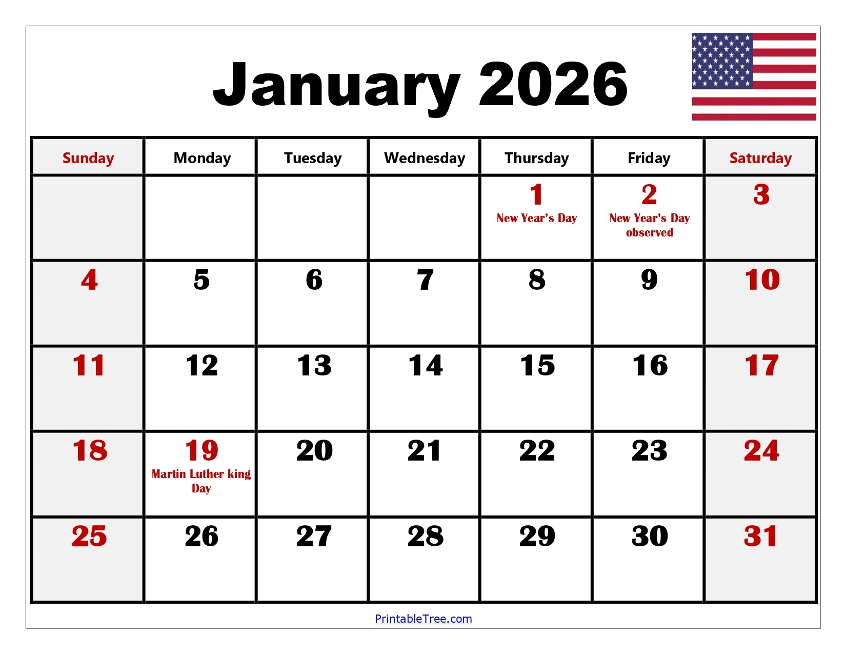 Blank 2026 Monthly Printable Calendar