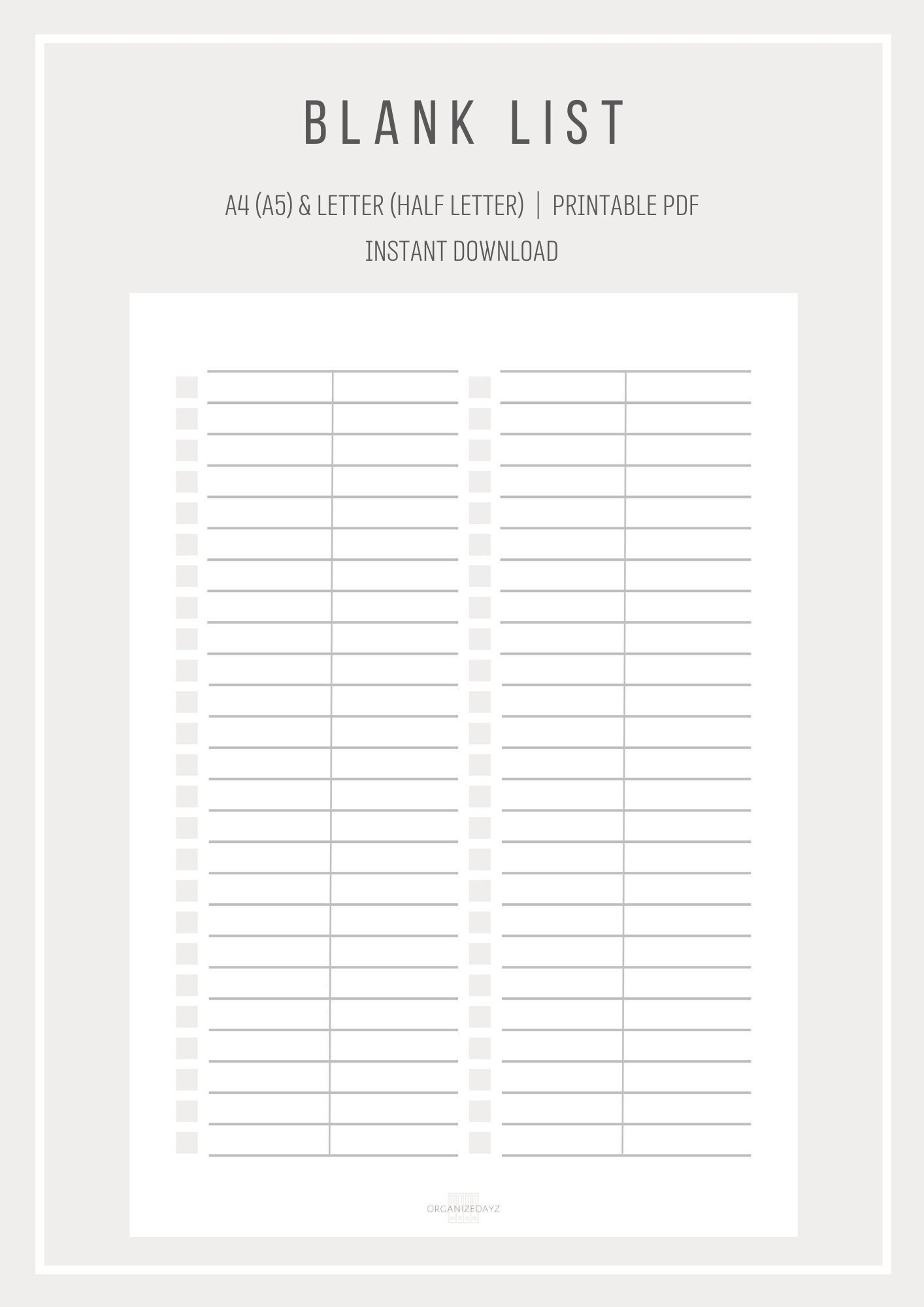 Blank List Simple List Template Printable List Digital List Two Divided Columns A4 And Letter Size Printable PDF Etsy