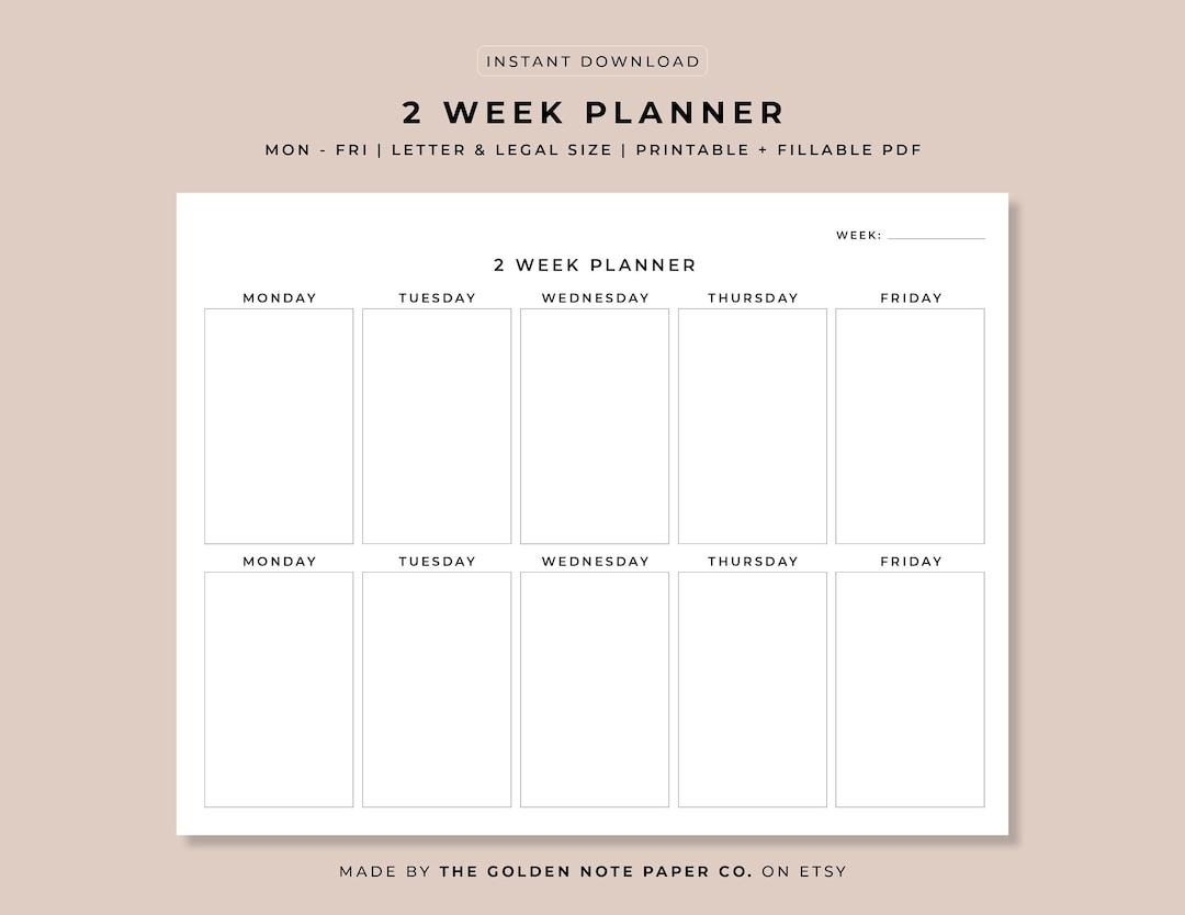 Blank Minimalistic 2 Week Planner Printable Landscape Schedule Calendar Weekly Organizer Office Planner Desk Planner Letter Legal A4 Etsy