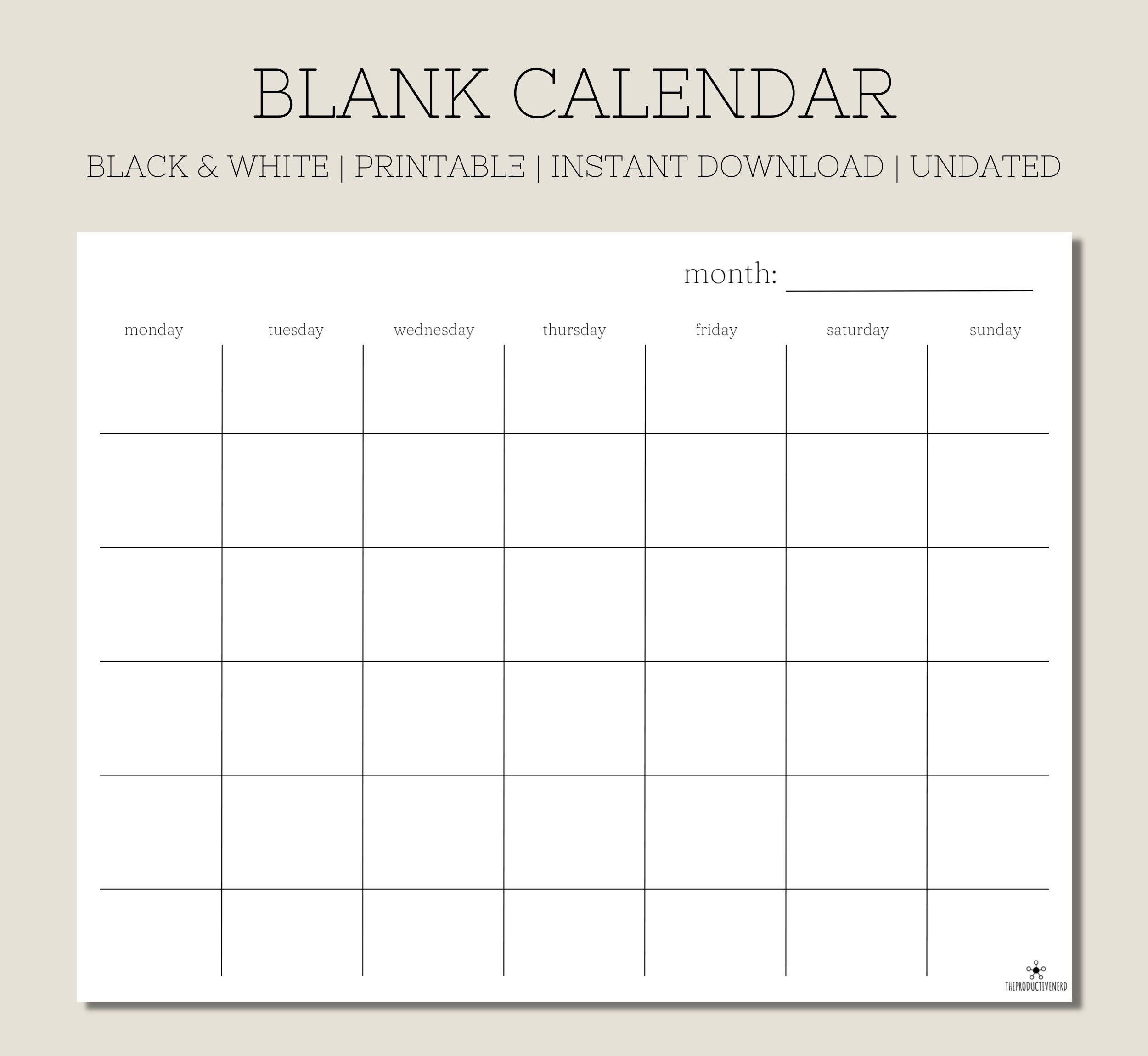 Blank Monthly Calendar Printable Black And White Calendar Minimalist Calendar Blank Calendar Blank Monthly Planner Etsy
