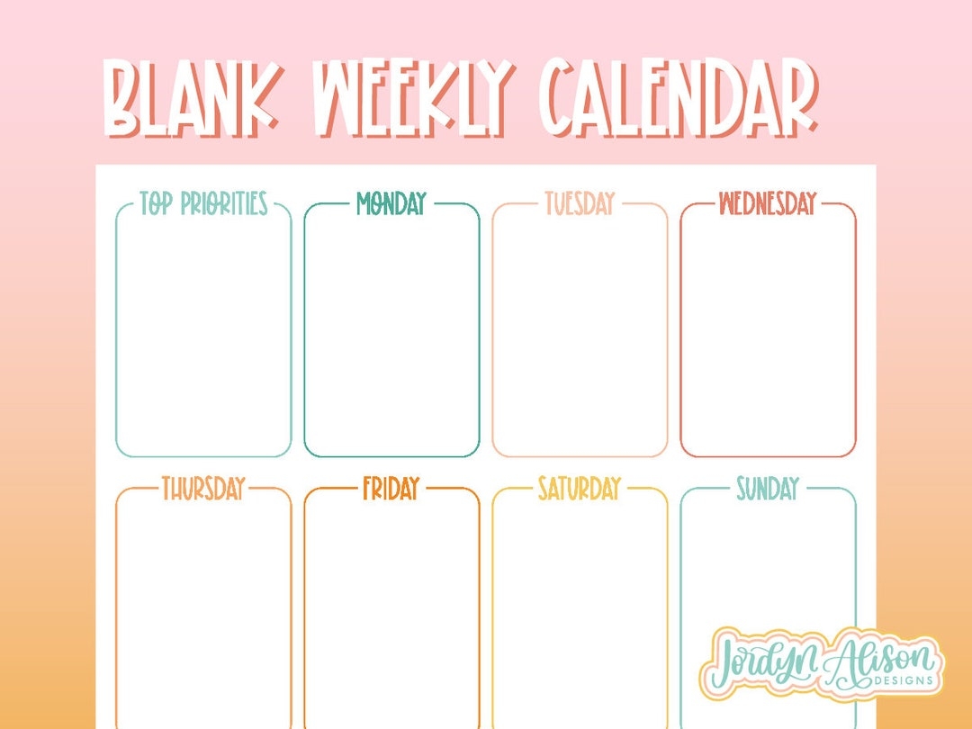 Blank Weekly Calendar Template Simple Calendar Printable Calendar Pages Weekly Work Schedule Template Weekly To Do List Printable Etsy