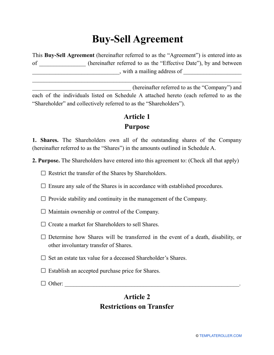 Buy Sell Agreement Template Fill Out Sign Online And Download PDF Templateroller