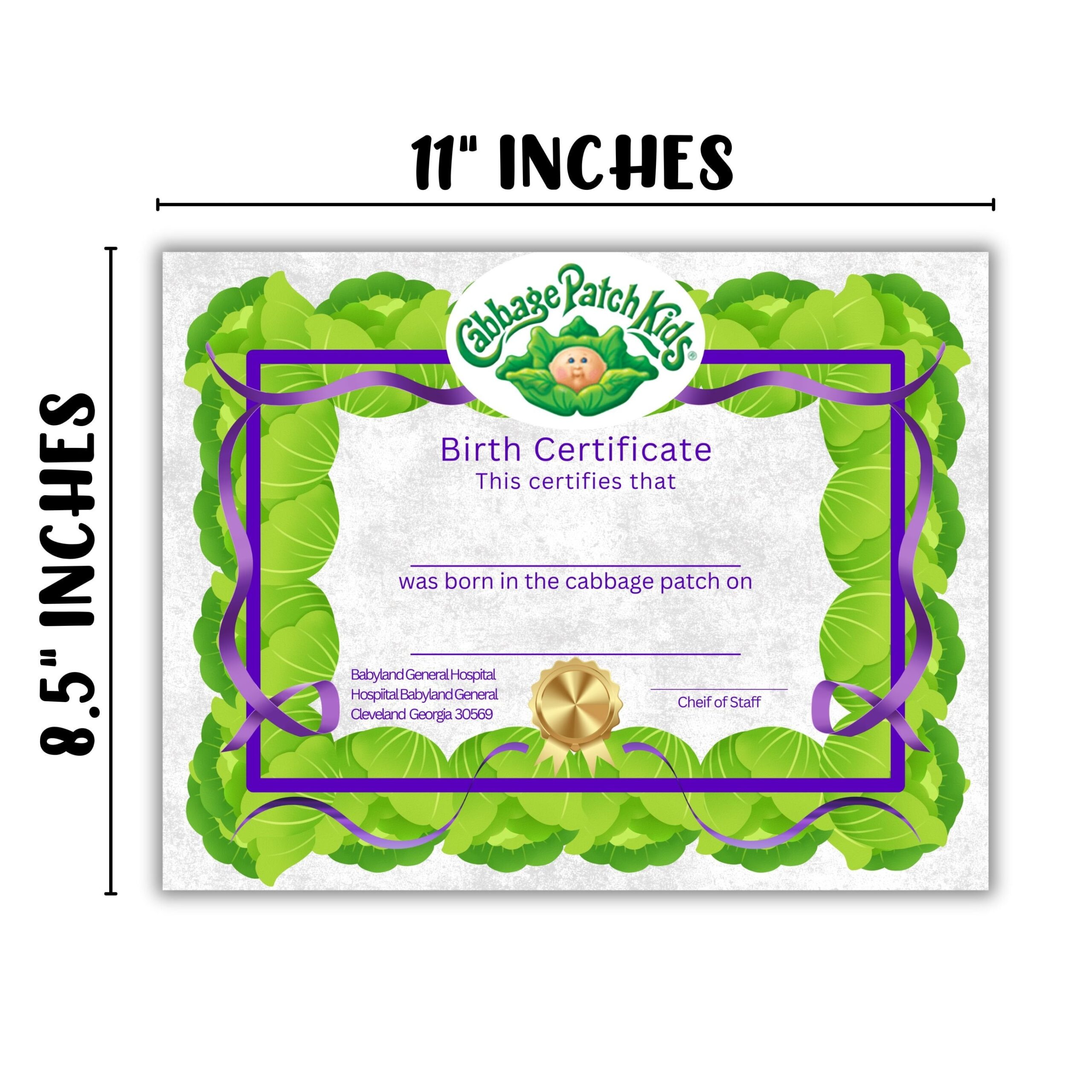 Cabbage Doll Baby Adoption Certificate Patch 30pk 8 5x11 Paper Stuffed Animal Old Vintage Rare Dates Signed Dr Birth Green Purple Mini Figurine Little People Walmart