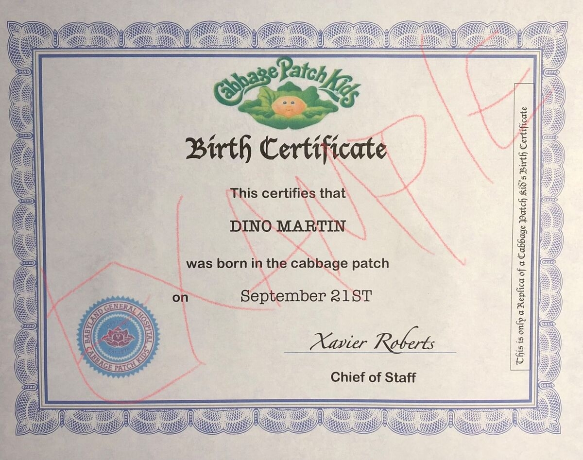 Cabbage Patch Kid Personalized Custom Birth Certificate Replica CPK EBay