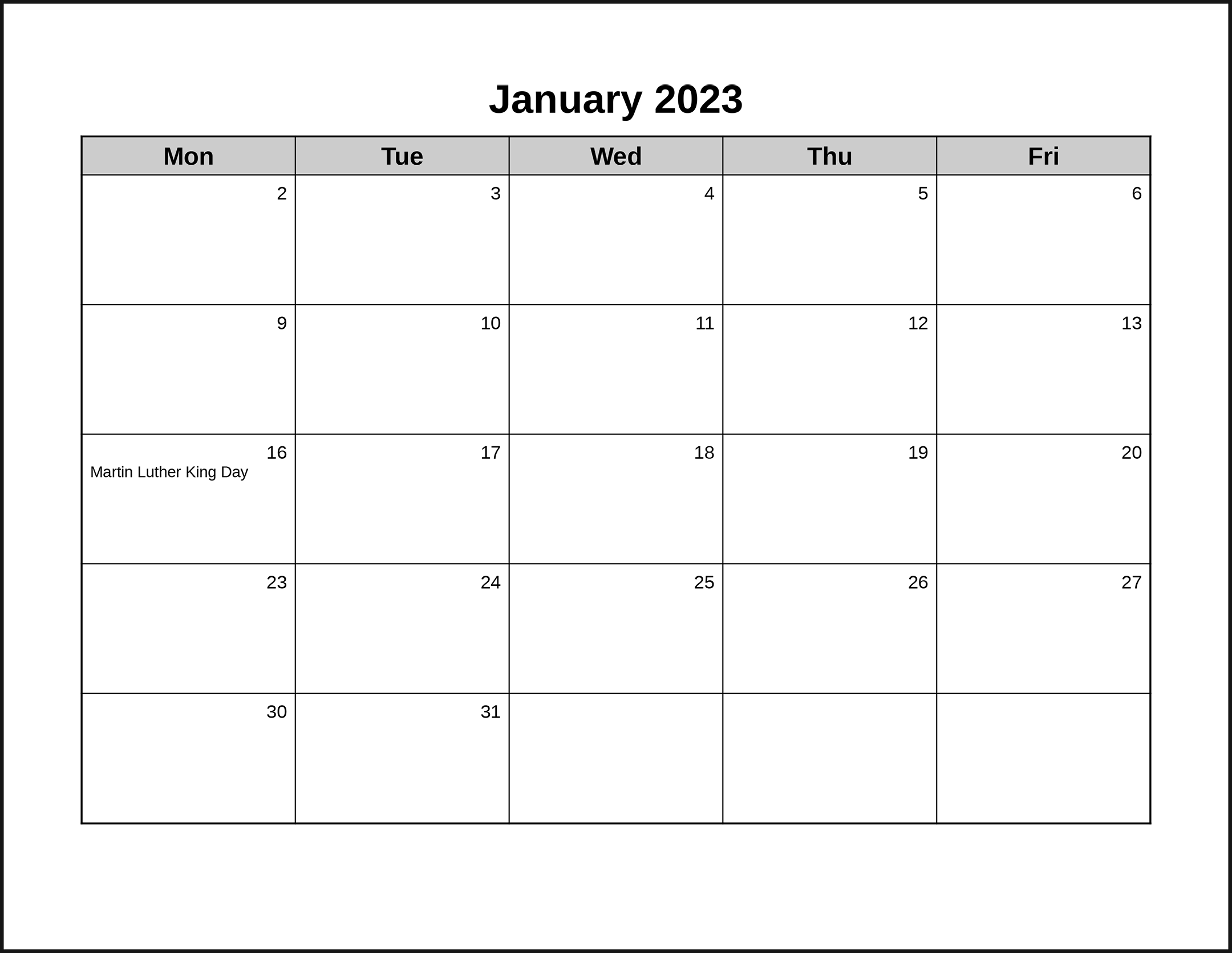 CalendarsThatWork Mon Fri Monthly Landscape