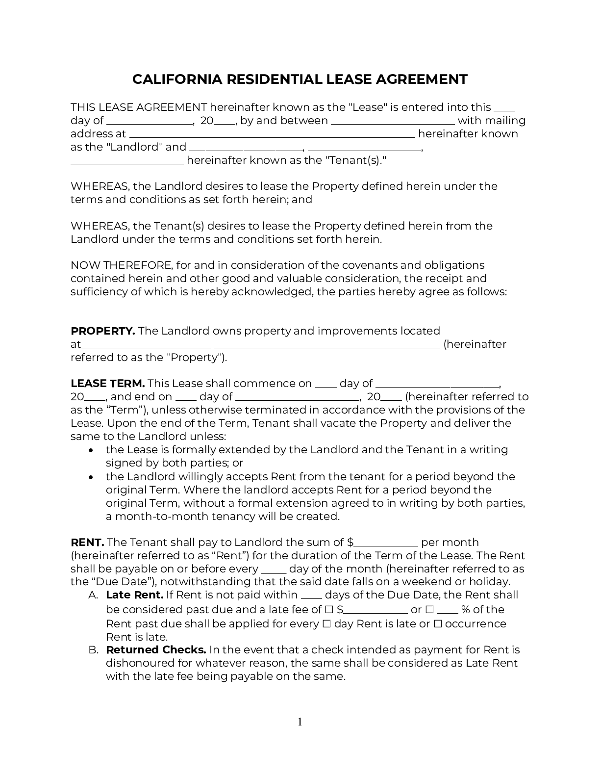 California Rental Lease Agreement Template 2025 PDF DOC