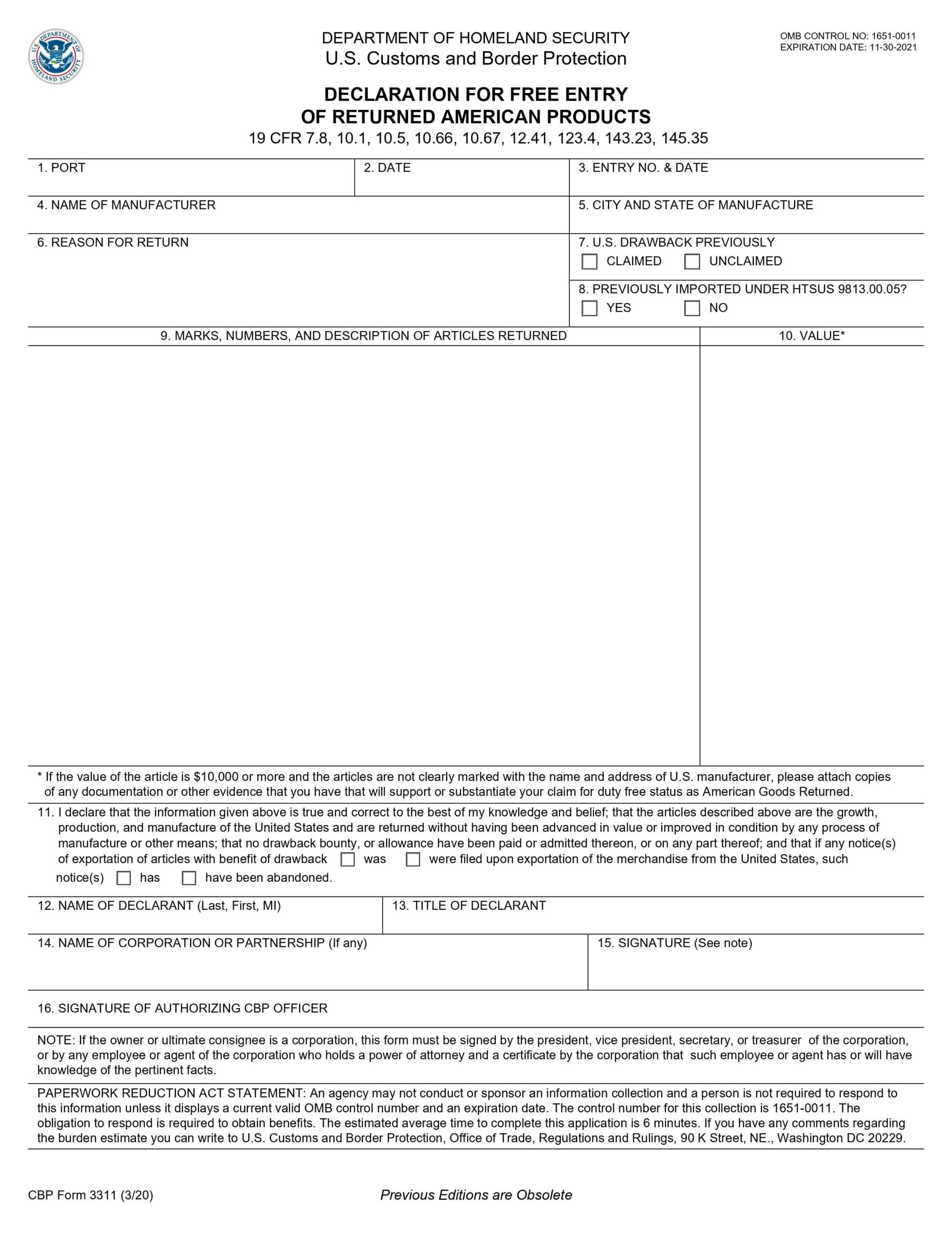 CBP Form 3311 Customs Form 3311 For Entry Of Returned US Goods