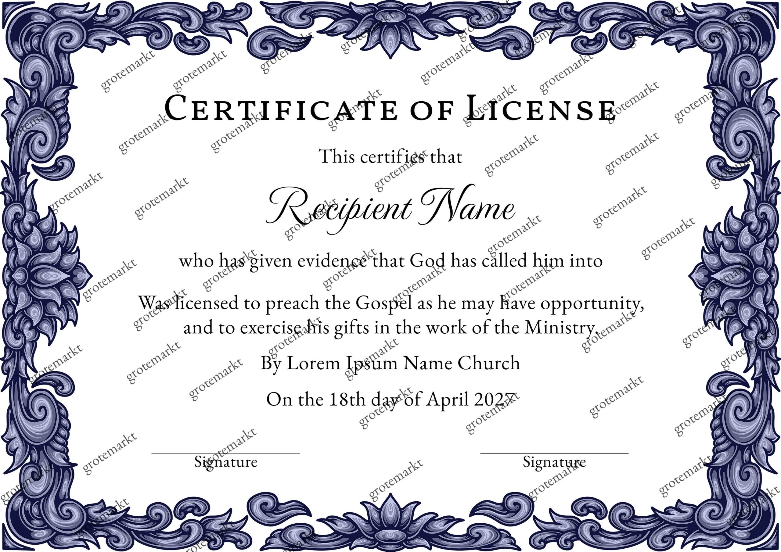 Blank Printable License To Preach Certificates