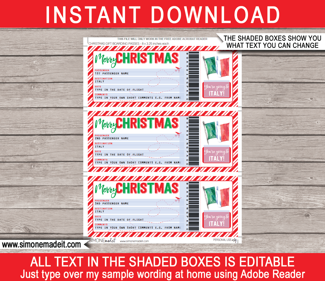 Christmas Italy Trip Gift Boarding Pass Template Fake Plane Ticket To Italy