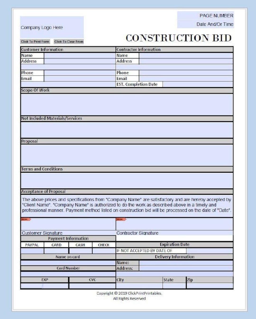 Construction Bid Project Form Template Simple Minimal Editable Downloadable Printable Small Business Fill In PDF black And White Etsy