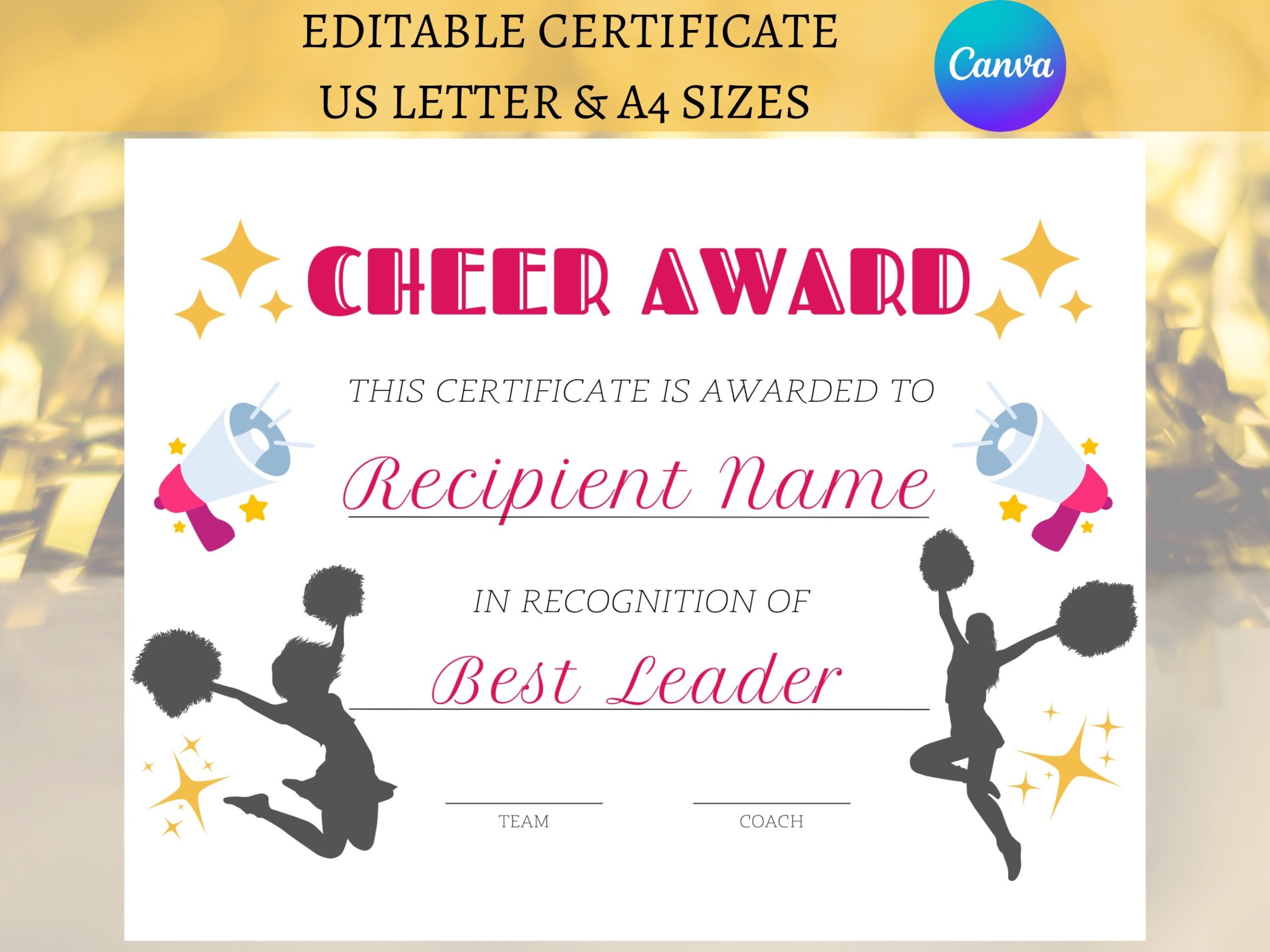 Customizable Cheerleader Award Certificate Cheer Squad Award Printable Cheer Team Party Cheerleading Award Cheer Recognition Template Etsy
