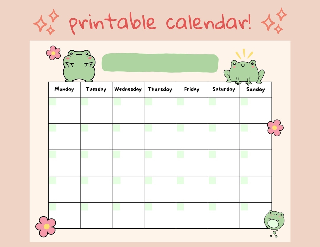 Cute Frog Open Printable Calendar Digital Download Calendar Instant Download Etsy