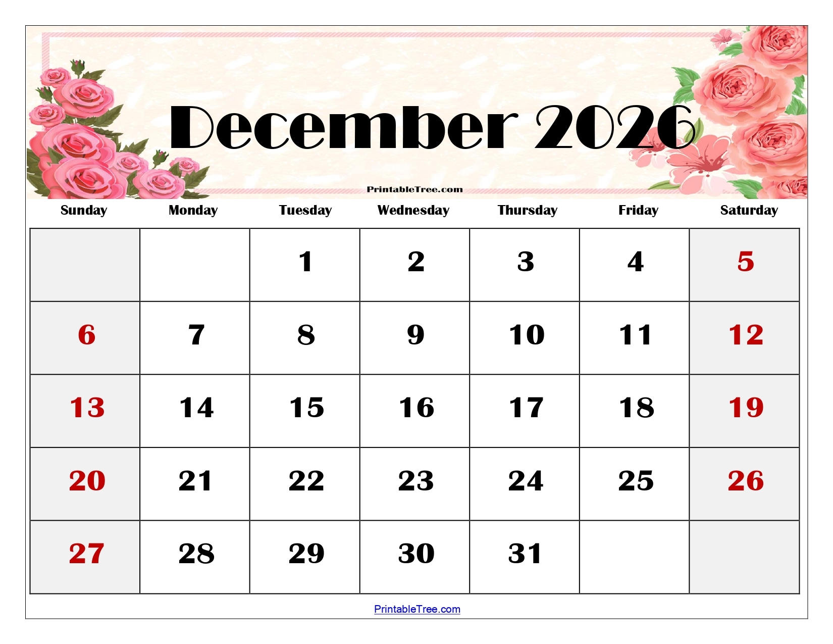 Blank Printable December 2026 Calendar