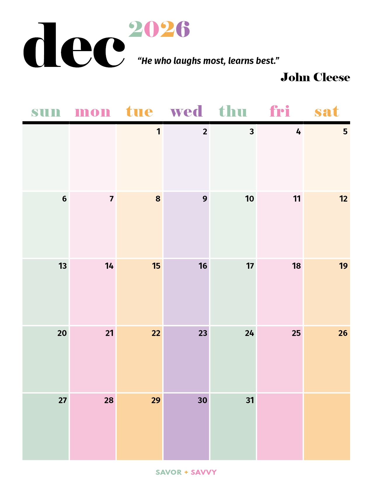 December 2026 Calendar Templates 14 Free Printables Savor Savvy