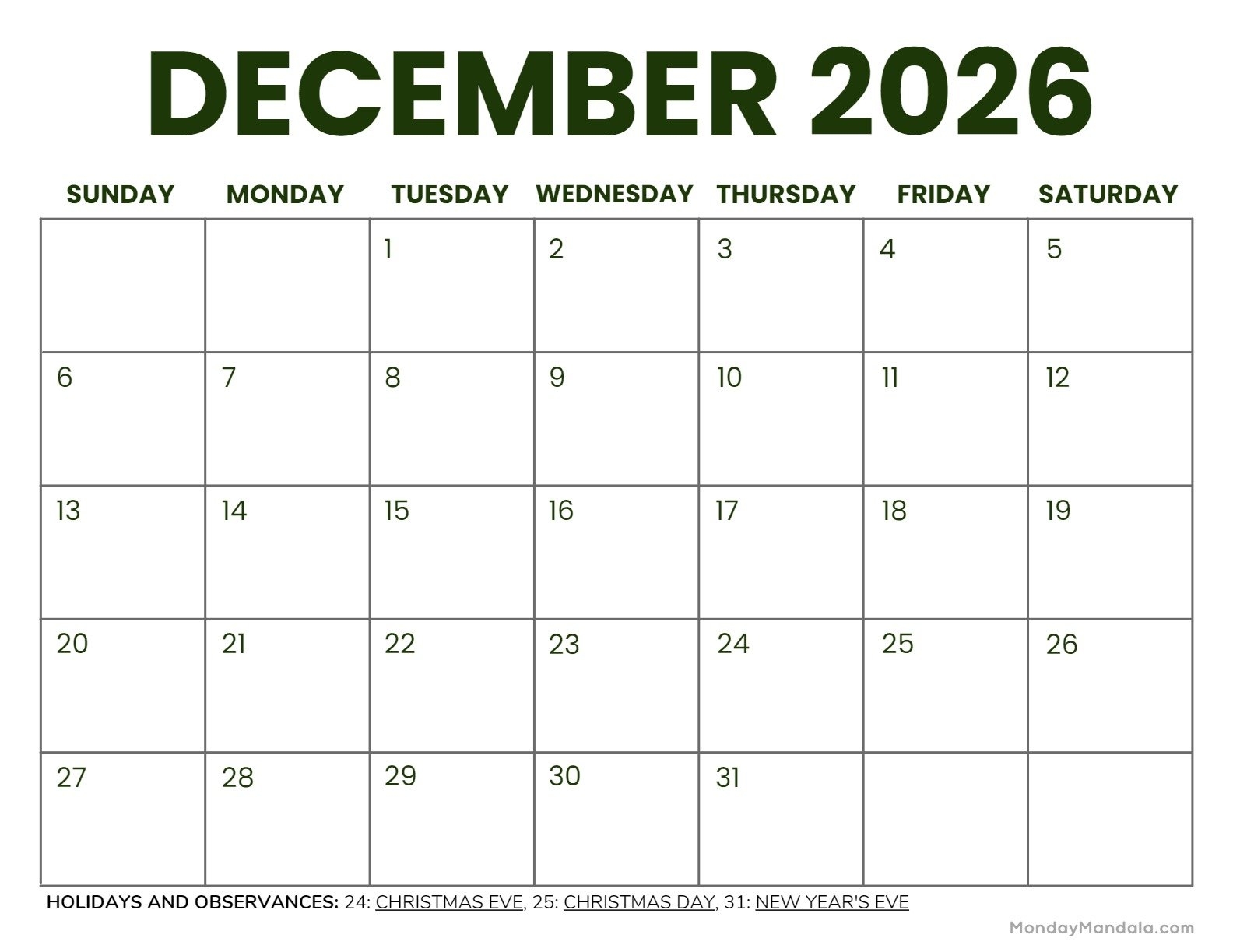 Blank Calendar Dec 2026 Printable