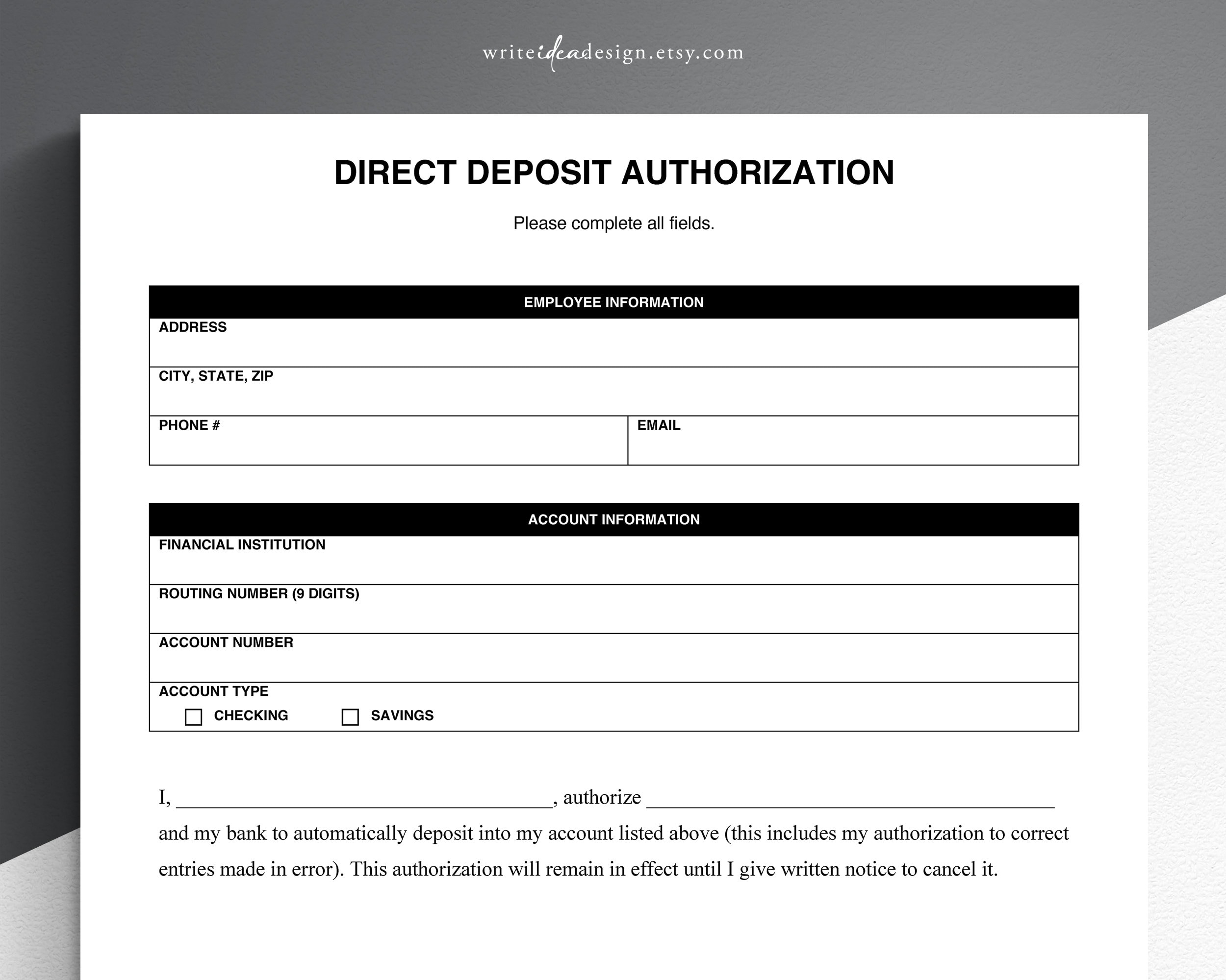 Direct Deposit Authorization Google Docs word adobe PDF Etsy