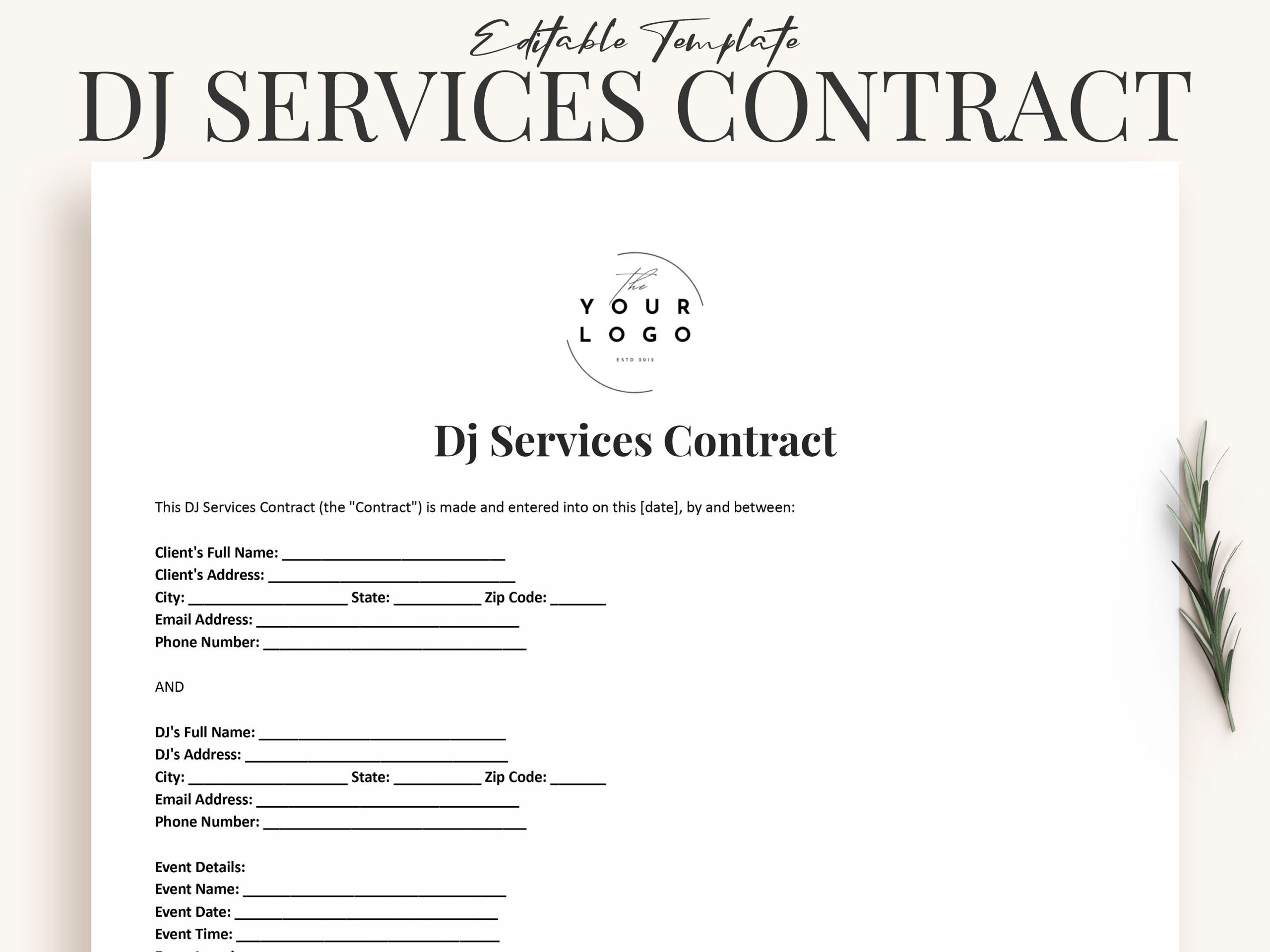 Dj Contract Template Word Printable Wedding Dj Agreement PDF Simple Dj Performance Dj Services Contract Dj Booking Etsy