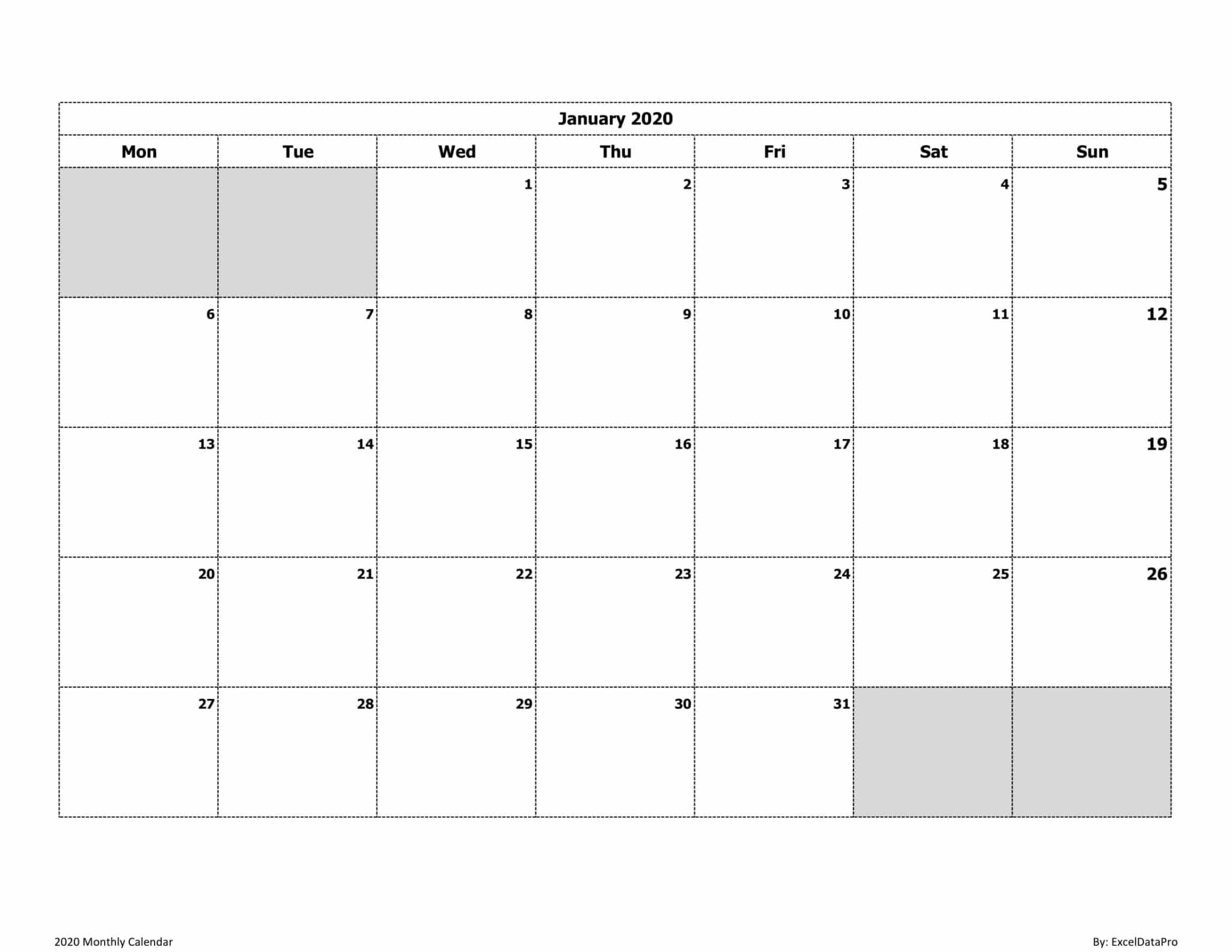 Download 2020 Monthly Calendar Mon Start Ink Saver Excel Template ExcelDataPro