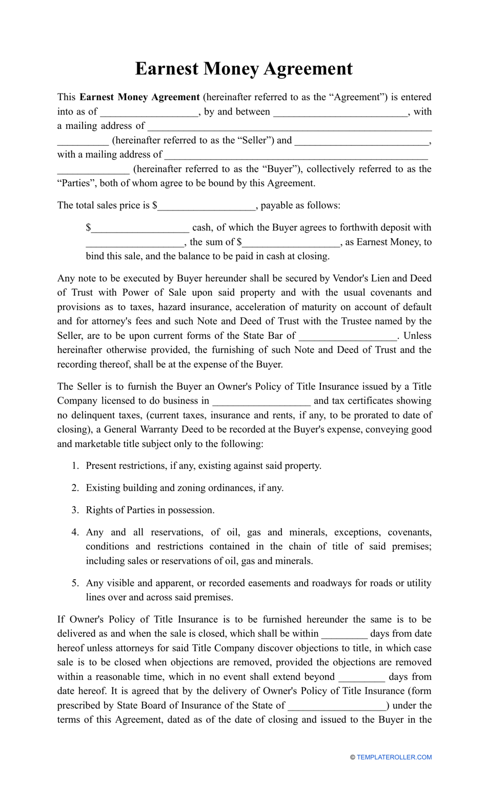 Earnest Money Agreement Form Printable