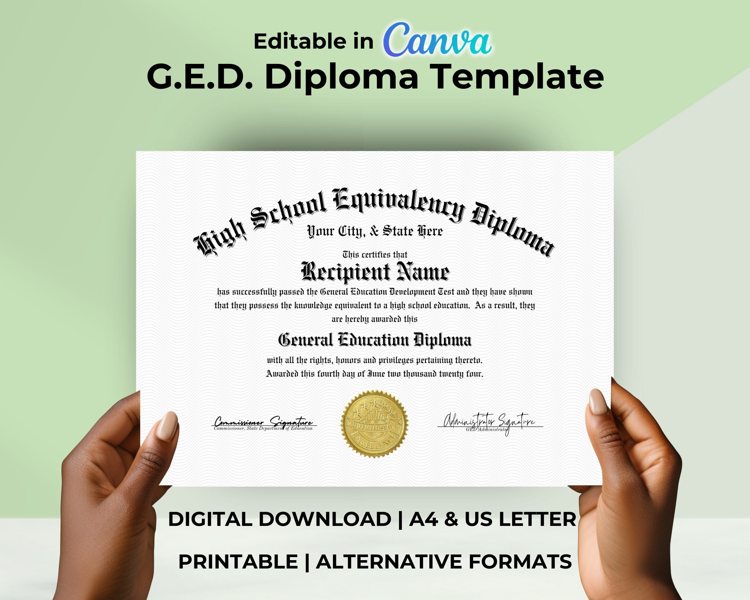 Editable GED Diploma Template Printable High School Equivalency Diploma Certificate Award Keepsake Etsy