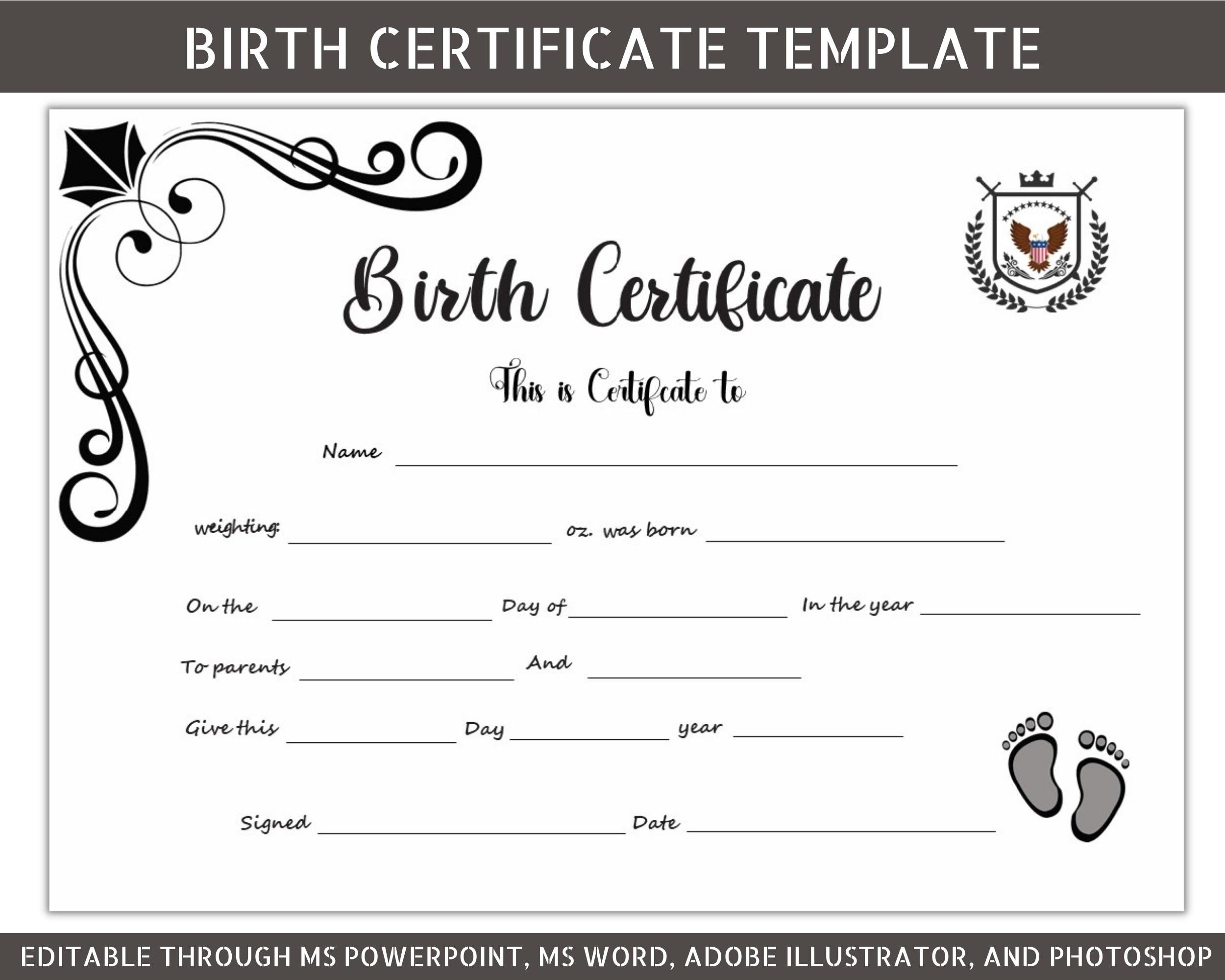 Editable Minimalist Birth Certificate Certificate Of Birth Printable Birth Certificate Template Birthday Award Etsy