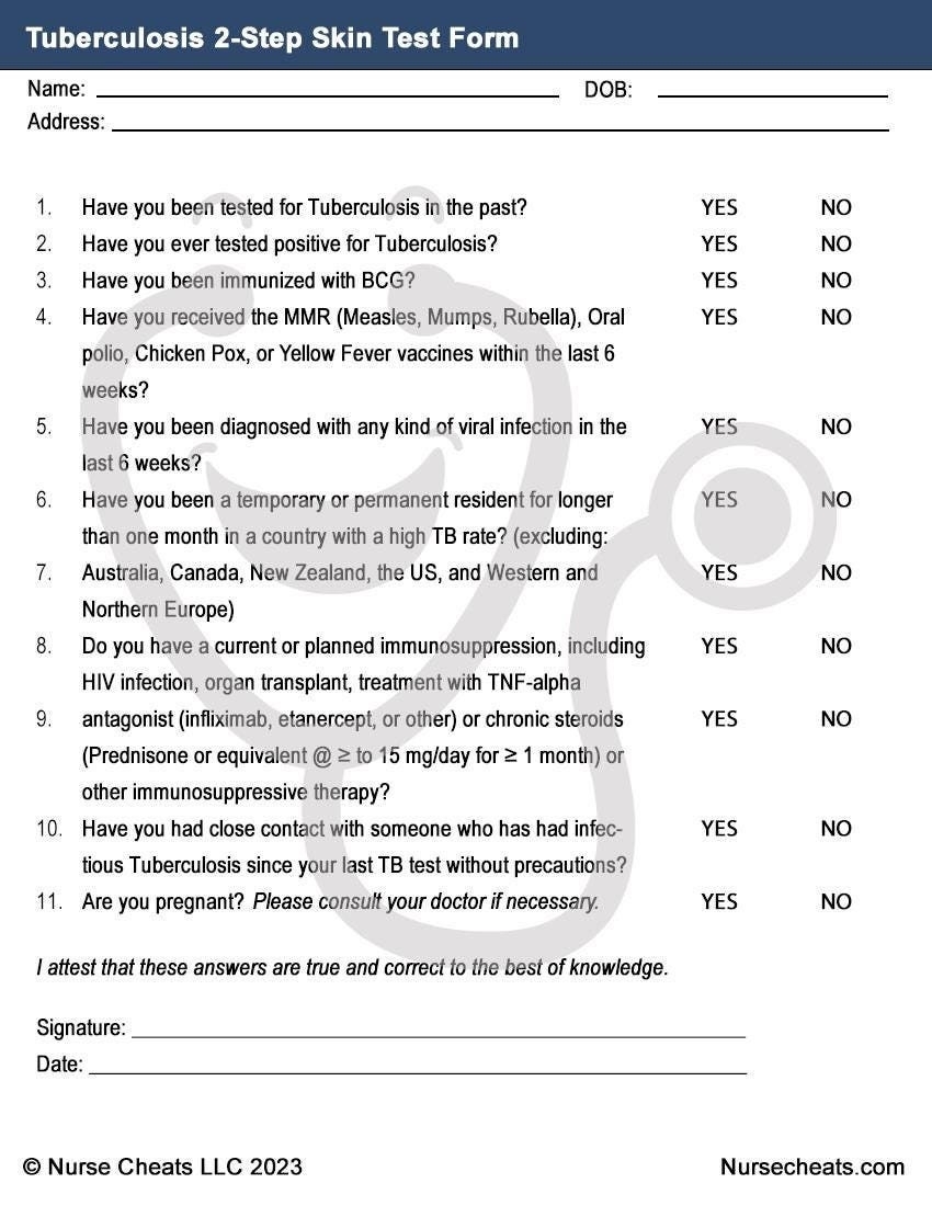 Employment 2 Step TB Tuberculosis Test blank Printable 2 Pages Etsy