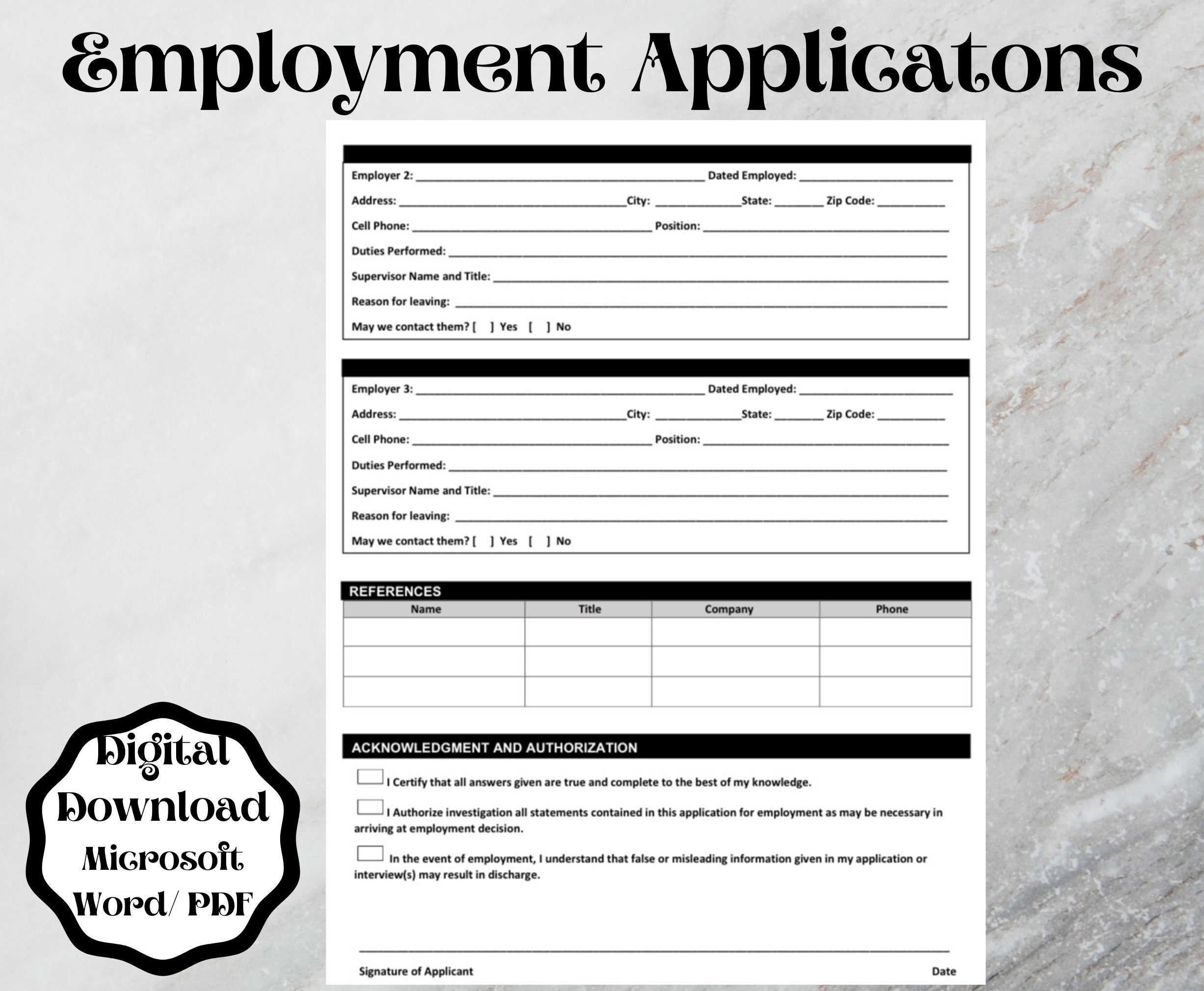 Employment Application Form Template word Printable Editable Etsy