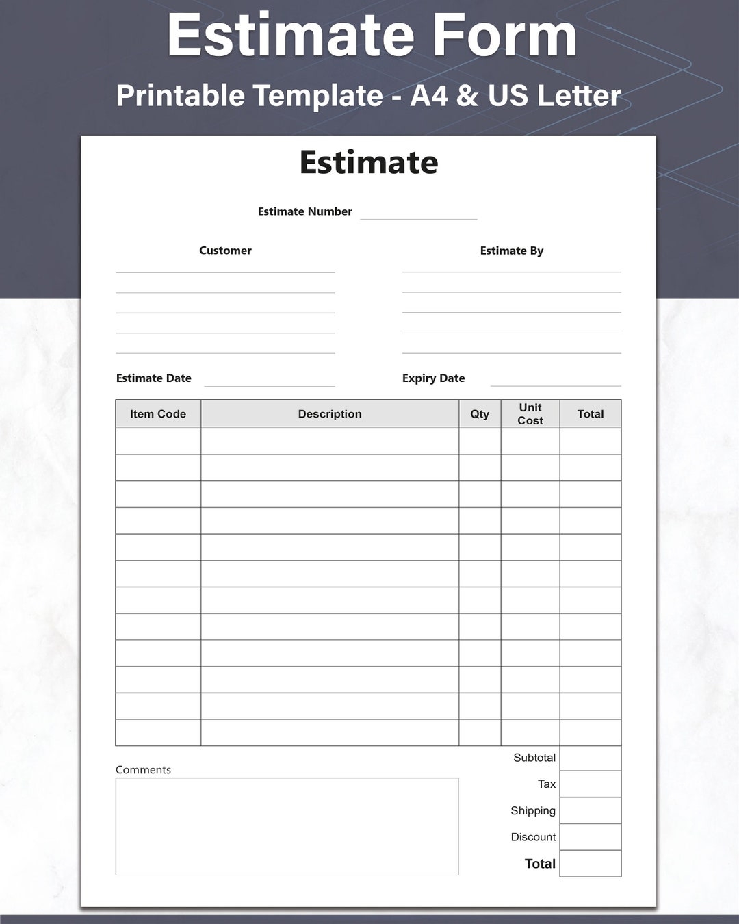 Estimate And Quote Template Simple Estimate Form Printable Quote And Work Estimate Sheet Ideal For Business Owners And Professionals Etsy Hong Kong