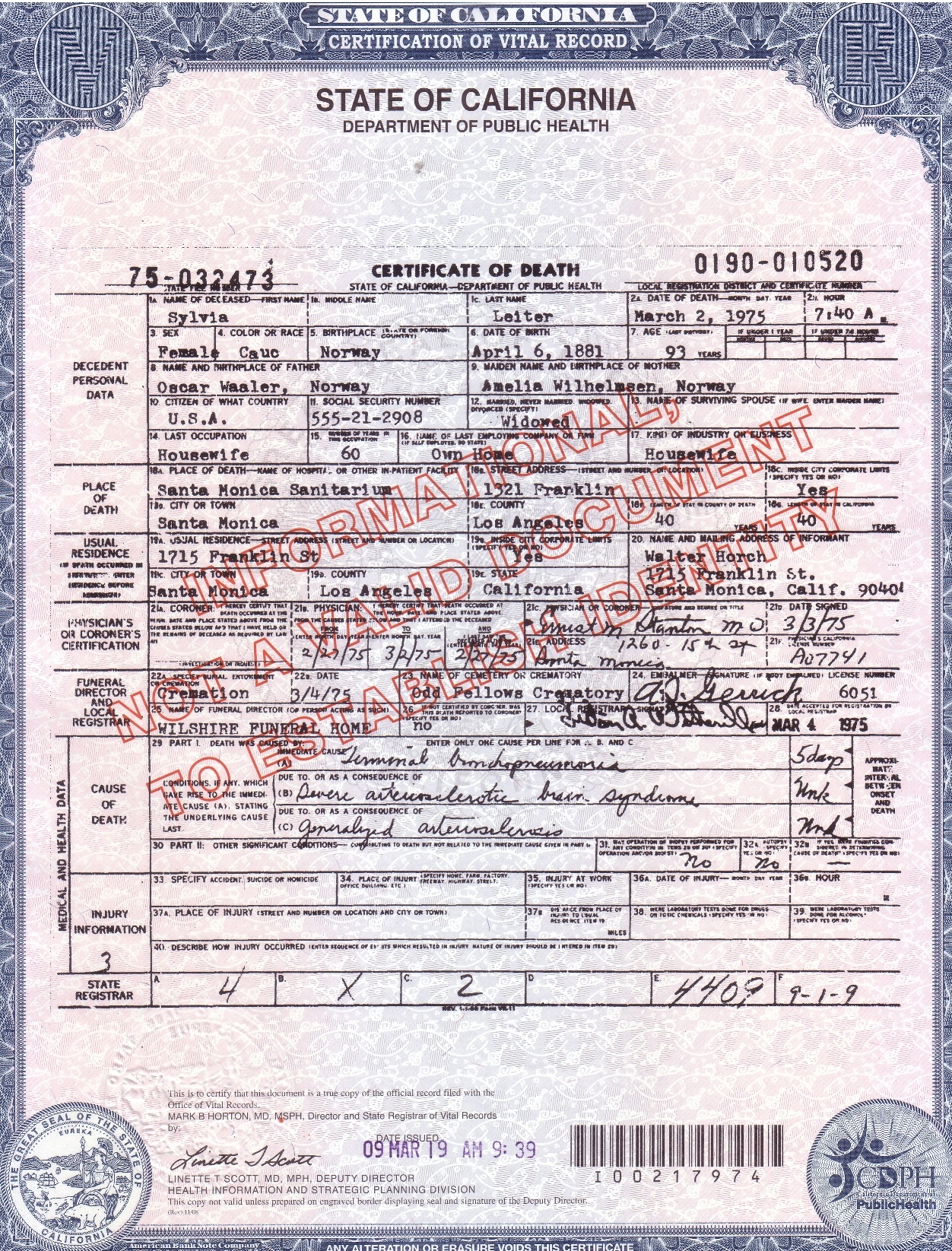 File Death Certificate Sylvia Of Hollywood jpg Wikimedia Commons
