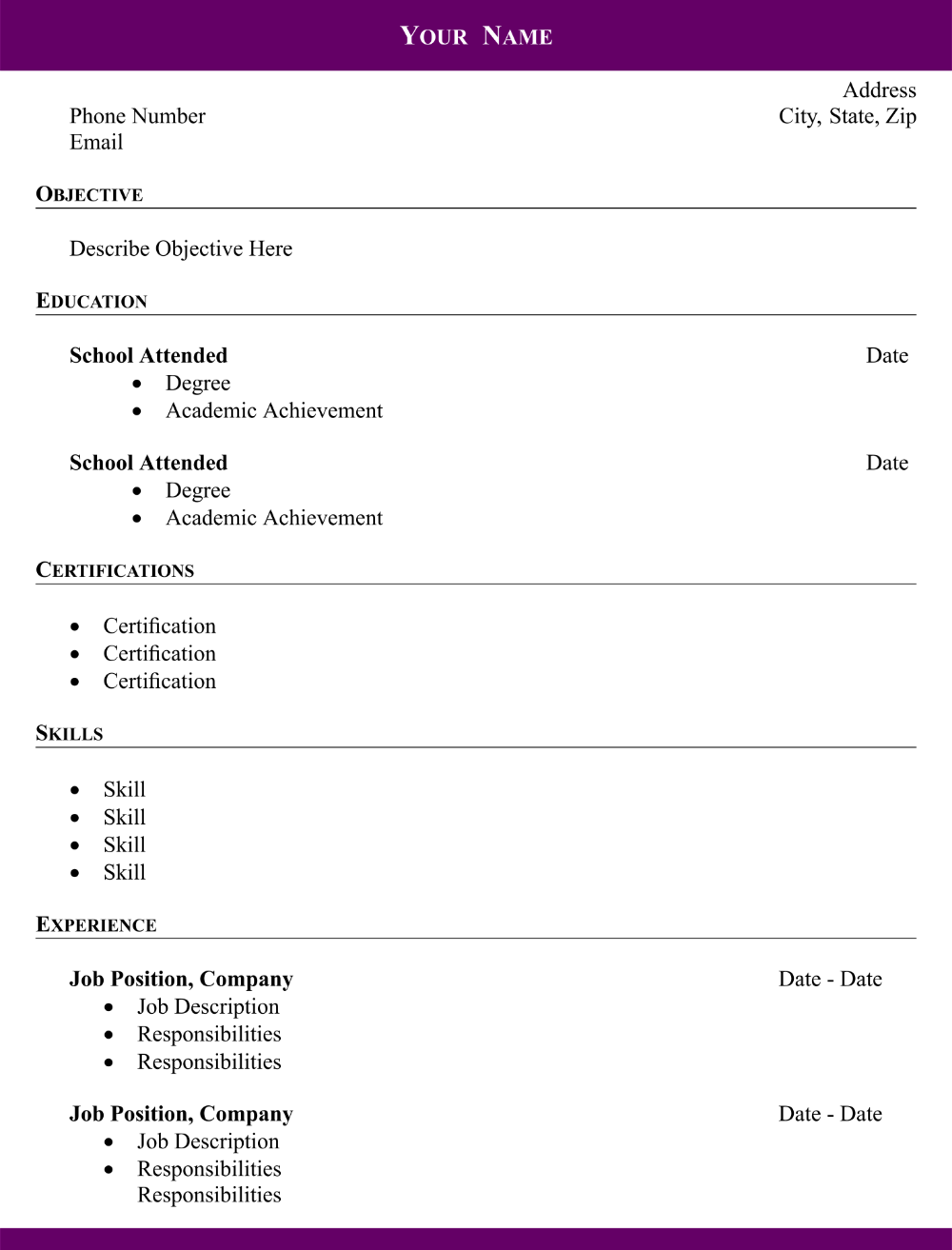 Blank Resume Form Printable