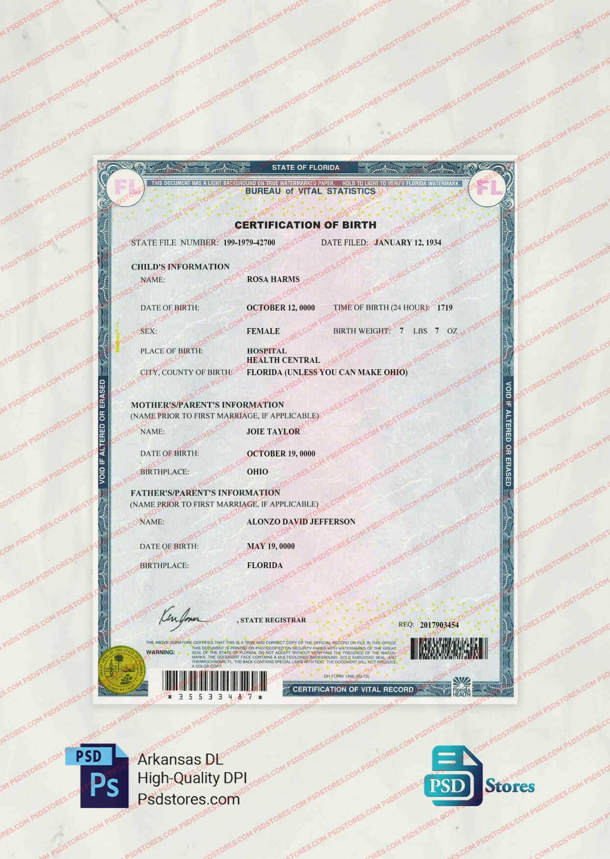 Florida Birth Certificate Template PSD Stores