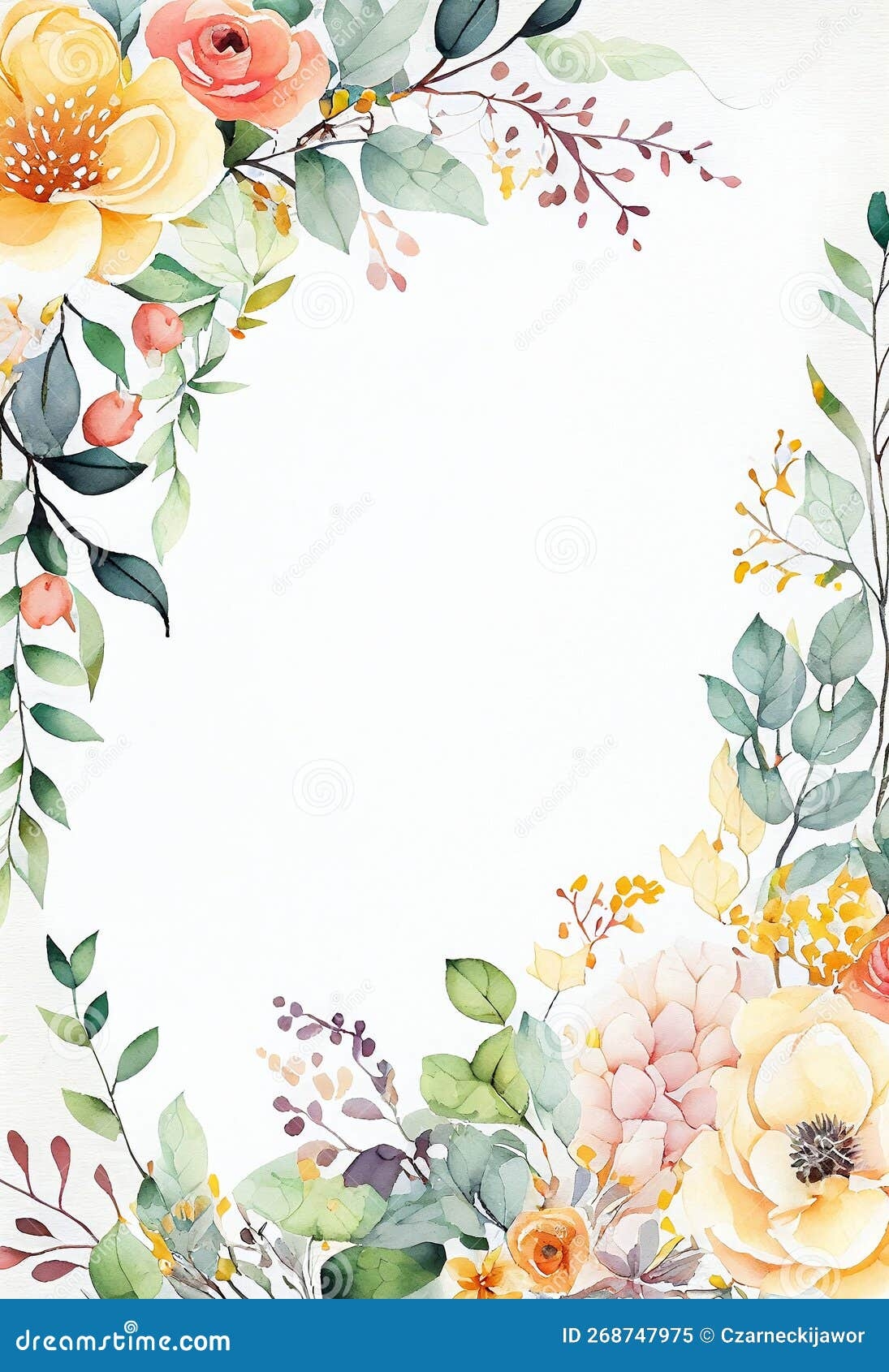 Floristic Template Invitation Empty Blank Space For Description Tilte Watercolor Blooming Frame With Flowers And Leaves Stock Illustration Illustration Of Branch Wedding 268747975