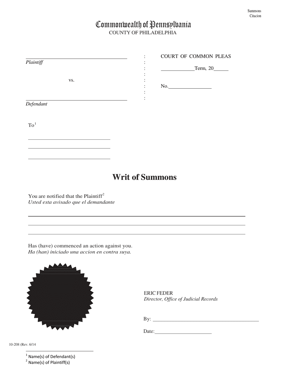 Form 10 208 Fill Out Sign Online And Download Fillable PDF Philadelphia County Pennsylvania Templateroller