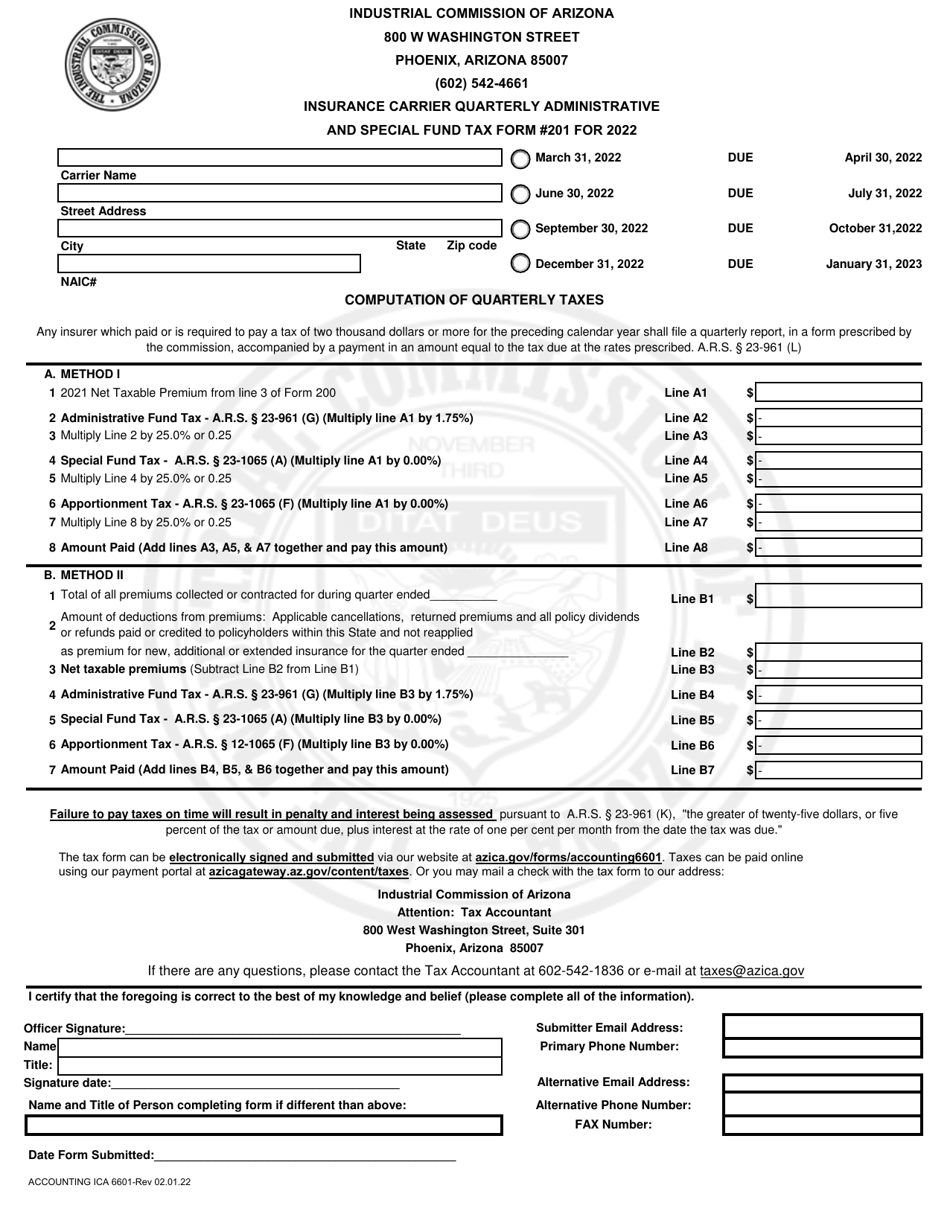 Form 201 Accounting ICA6601 Download Fillable PDF Or Fill Online Insurance Carrier Quarterly Administrative And Special Fund Tax Form 2022 Arizona Templateroller