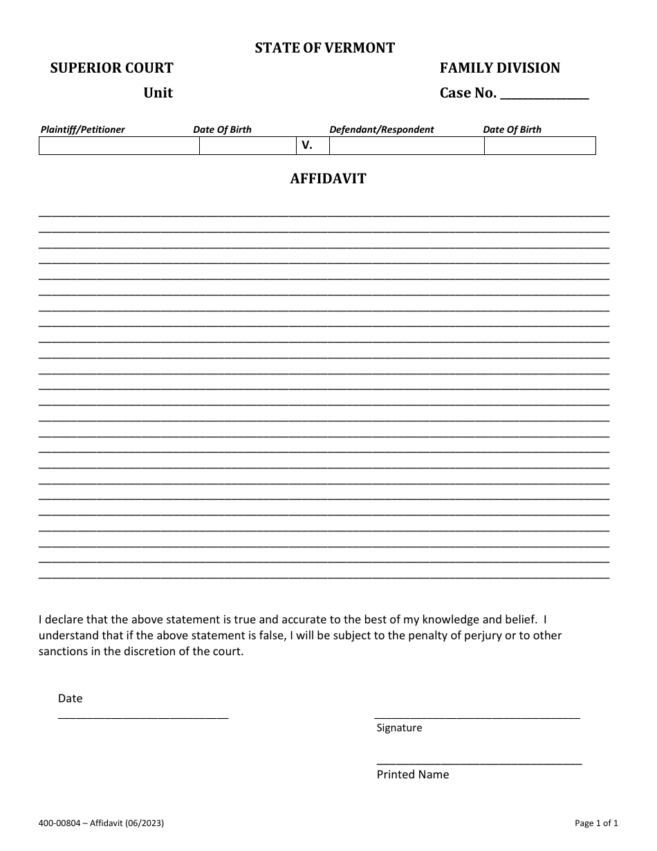 Form 400 00804 Download Fillable PDF Or Fill Online Affidavit Vermont 2019 2025 Templateroller