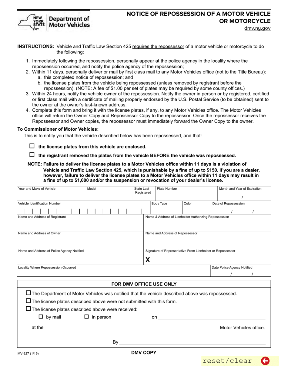 Form MV 327 Fill Out Sign Online And Download Fillable PDF New York Templateroller