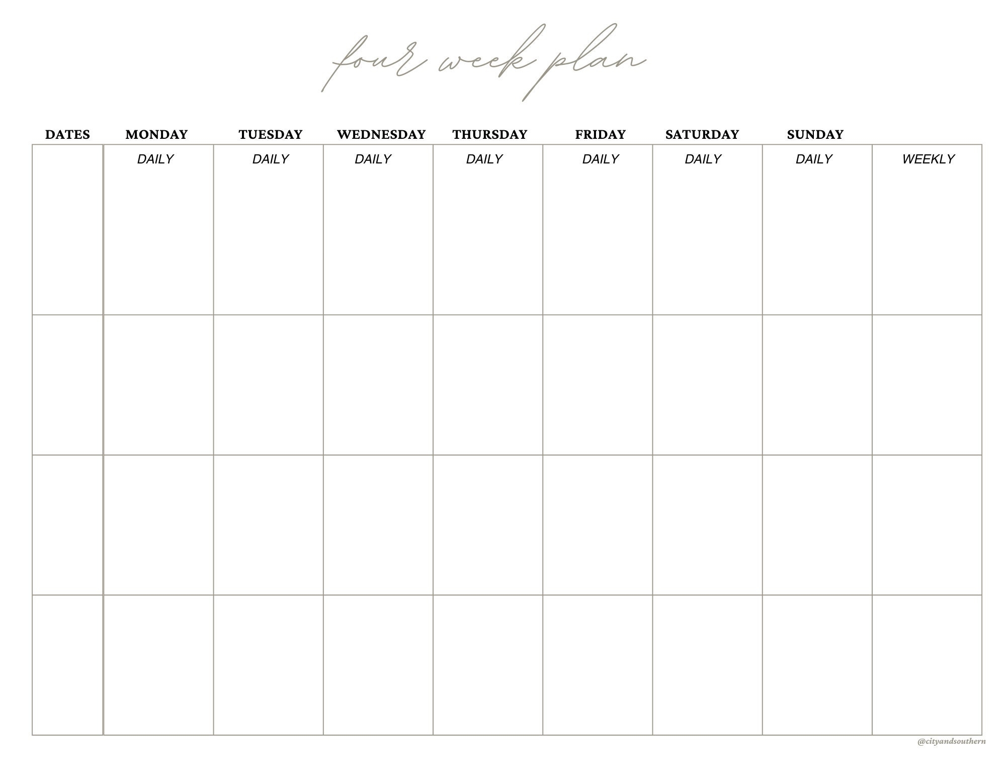 Printable Blank 4 Week Calendar