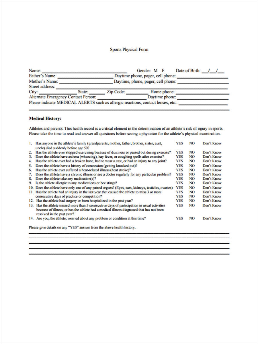 Free Printable Blank Medical Physical Form