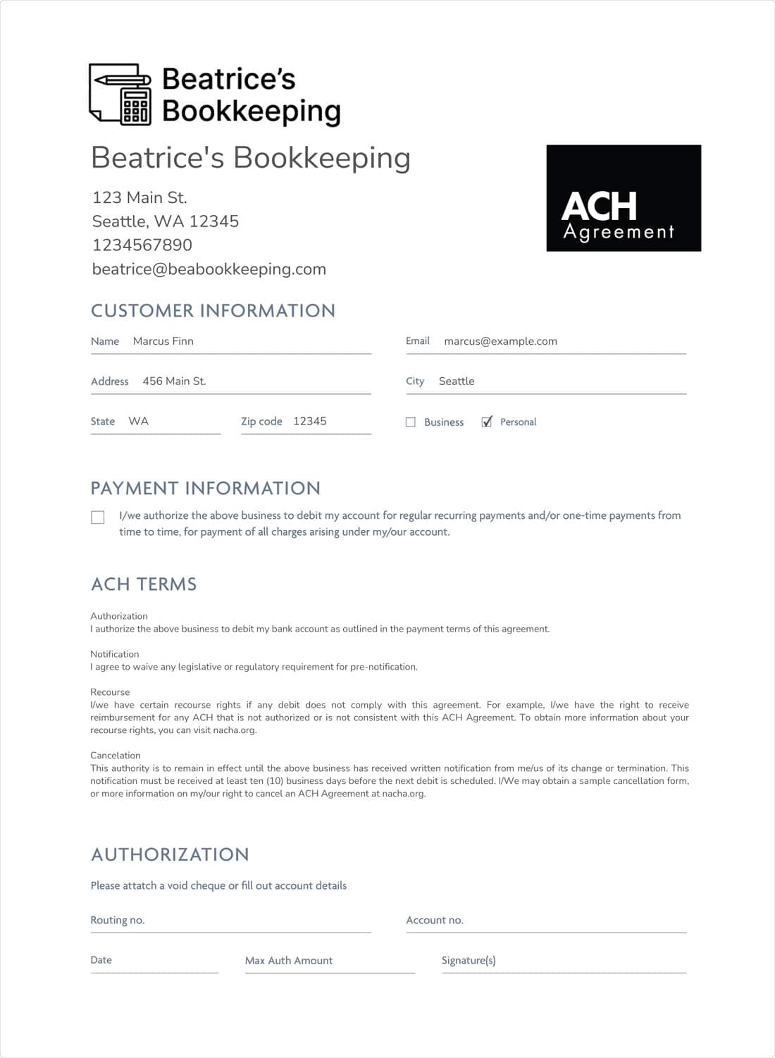 Downloadable Printable Blank Ach Form