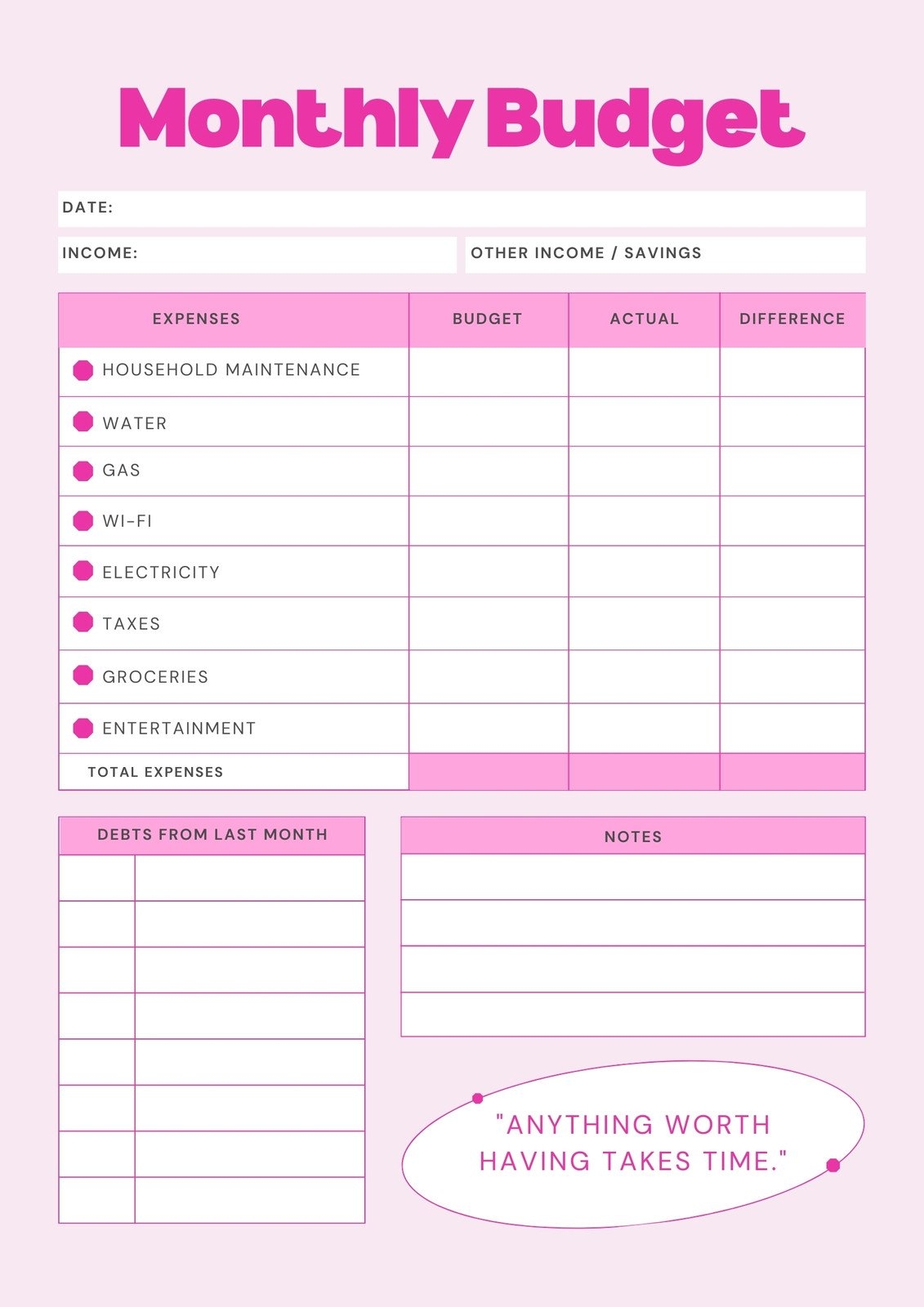 Free Printable Blank Budget Worksheet