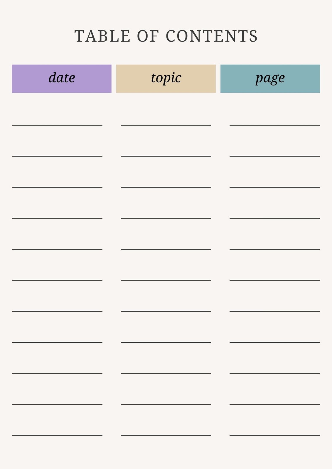 Printable Blank Table Of Contents Template
