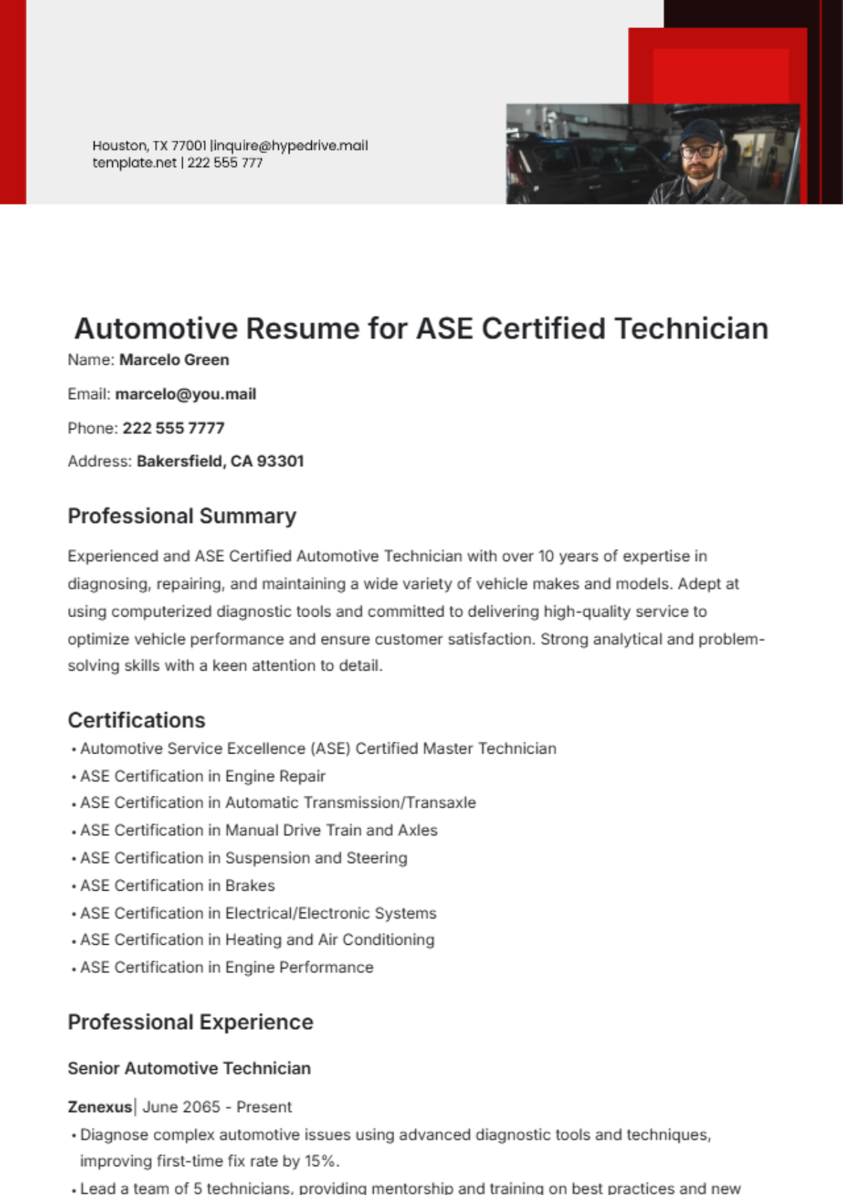 Free Automotive Resume For ASE Certified Technician Template To Edit Online