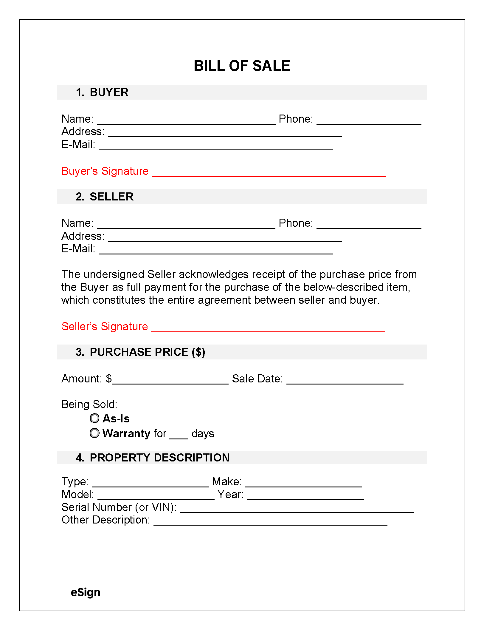Blank Bill Of Sale Form Free Printable