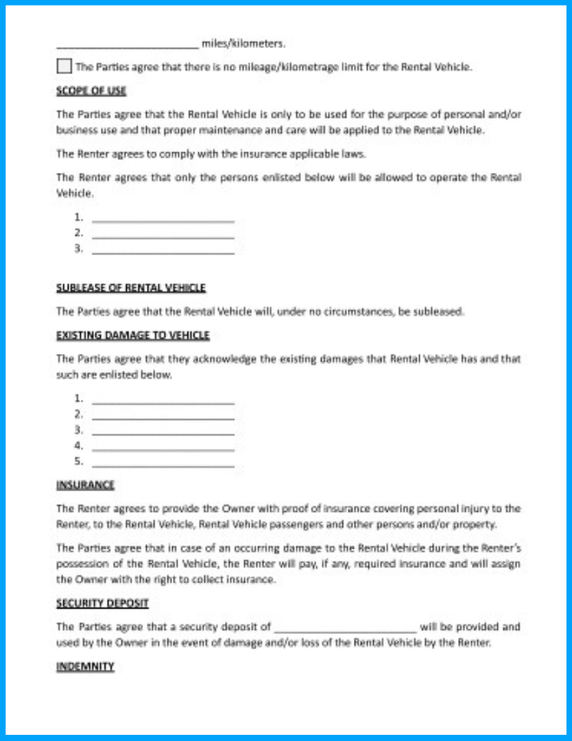 Blank Printable Car Rental Form
