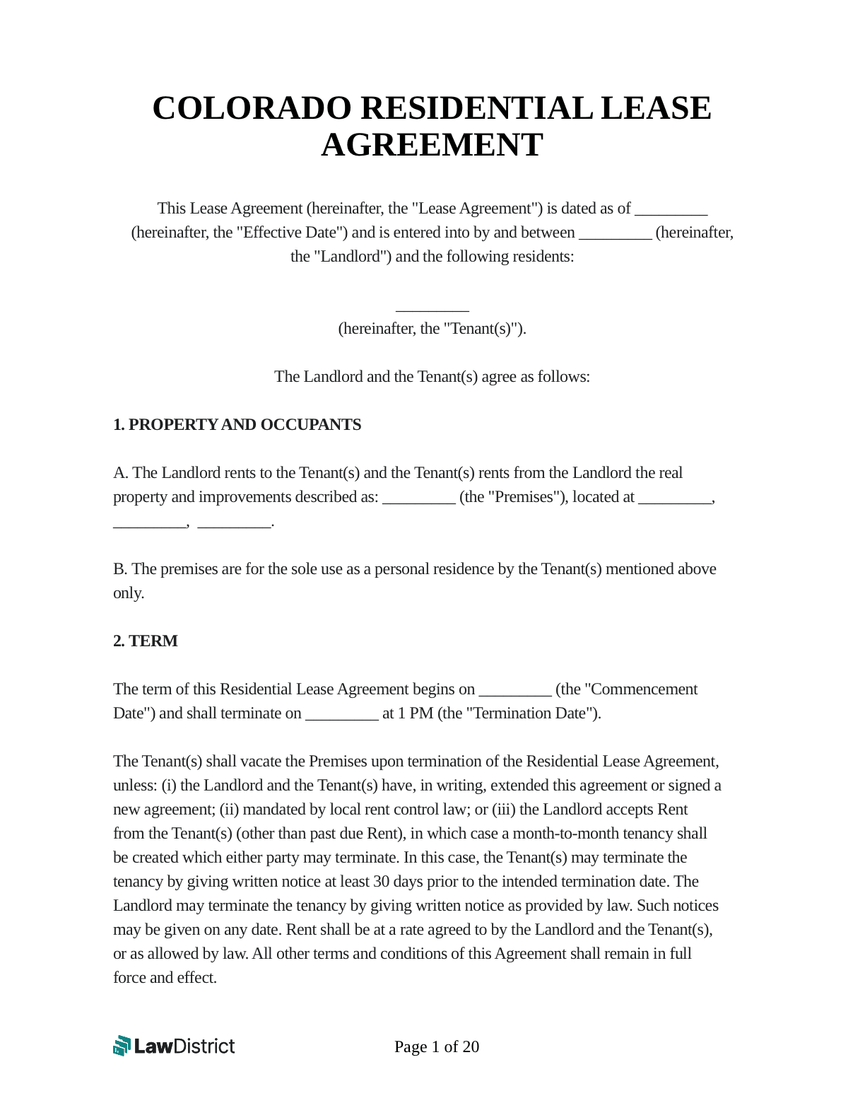 Free Colorado Rental Lease Agreement Form PDF Sample LawDistrict