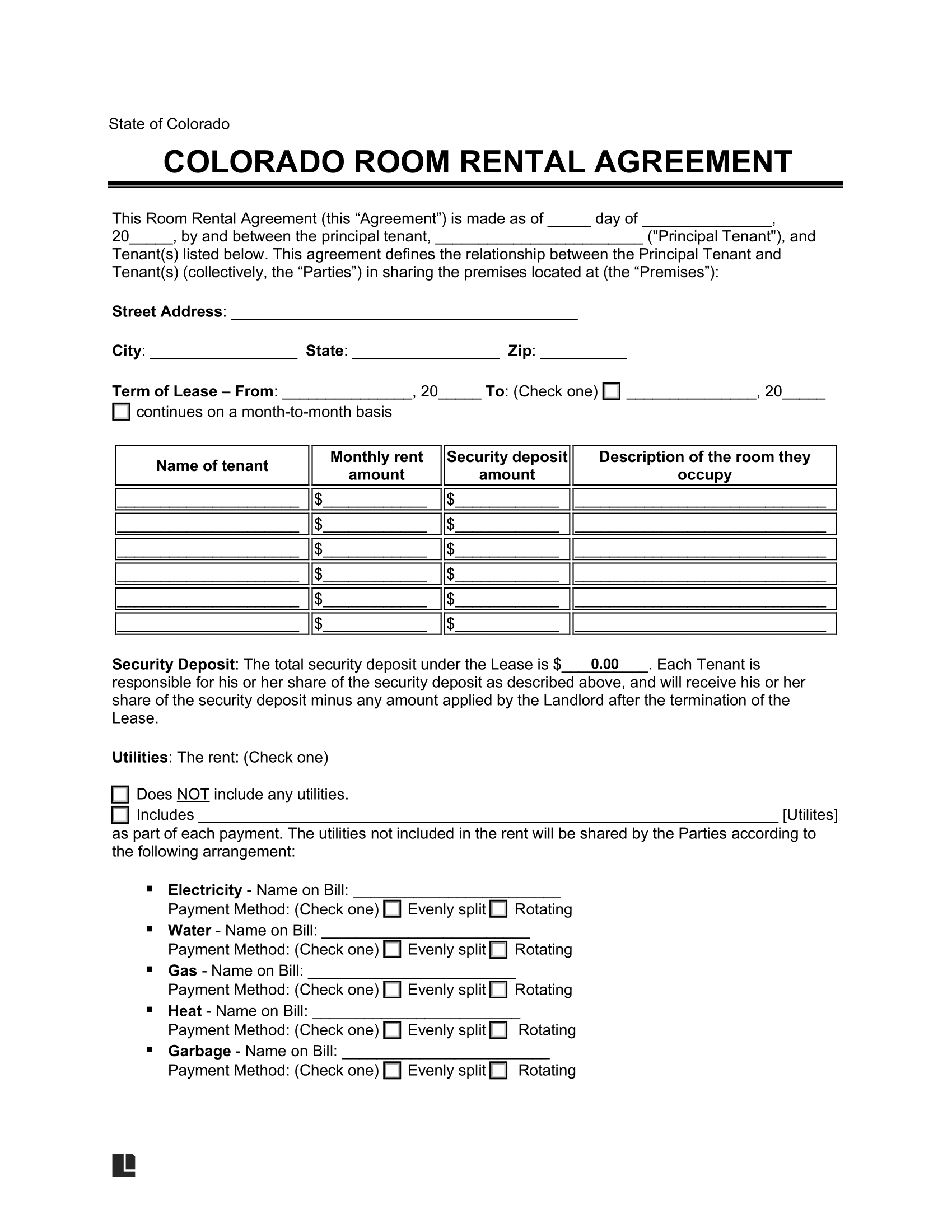 Colorado Lease Agreement Blank Printable