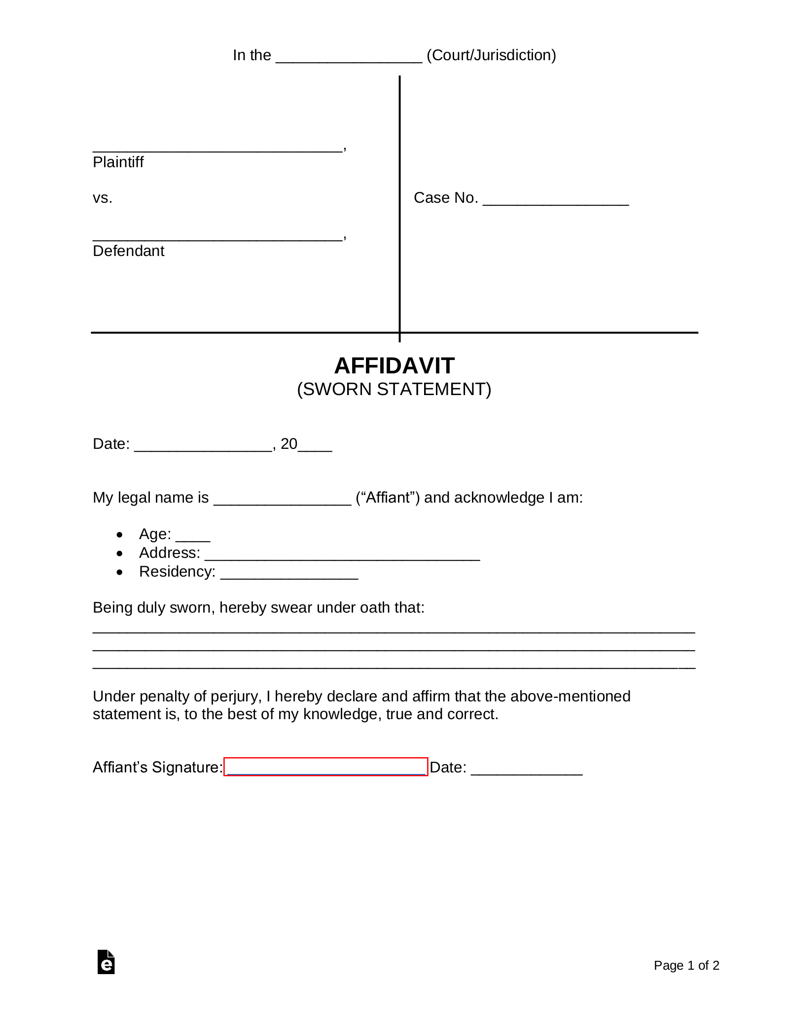 Free Printable Blank Affidavit Form