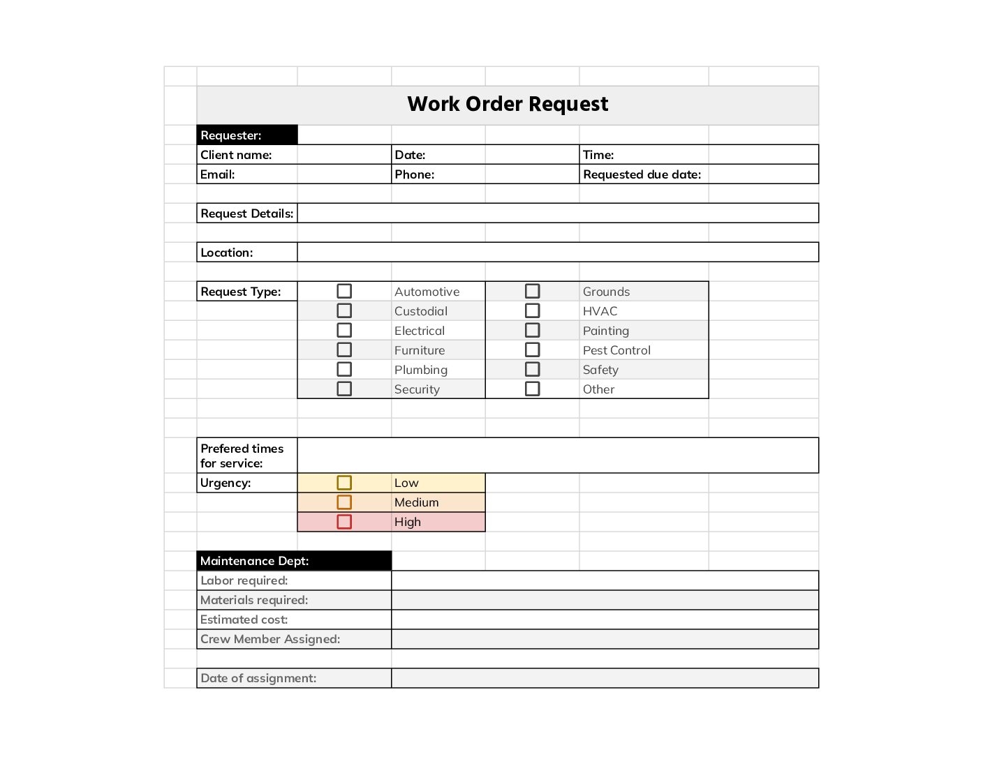 Work Order Form Blank Printable